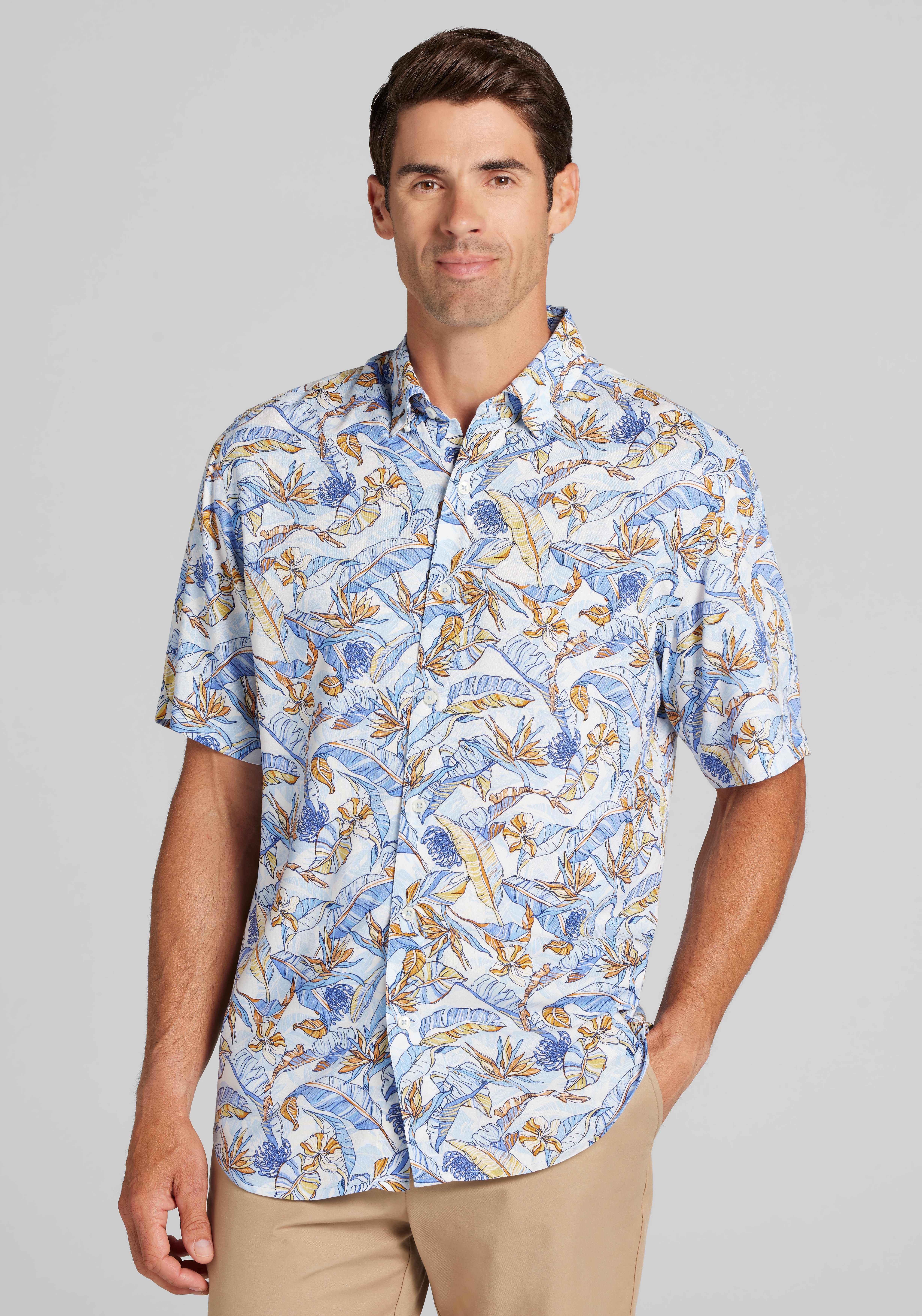 Men's New!, 1905 Collection Tailored Fit Hawaiian Floral Palm Short Sleeve Sportshirt - Jos A Bank