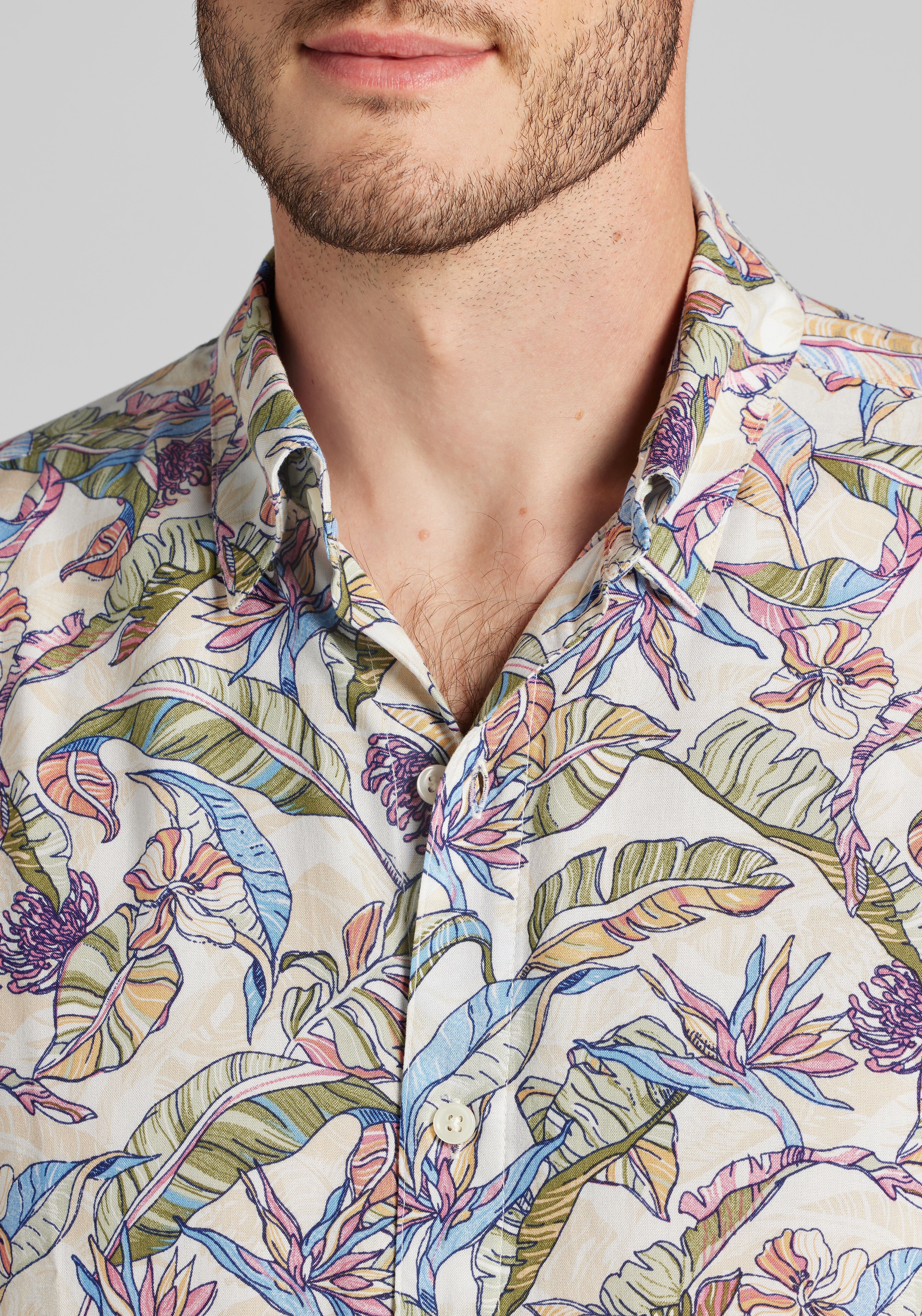 1905 Collection Tailored Fit Hawaiian Floral Palm Short Sleeve Button Up Shirt