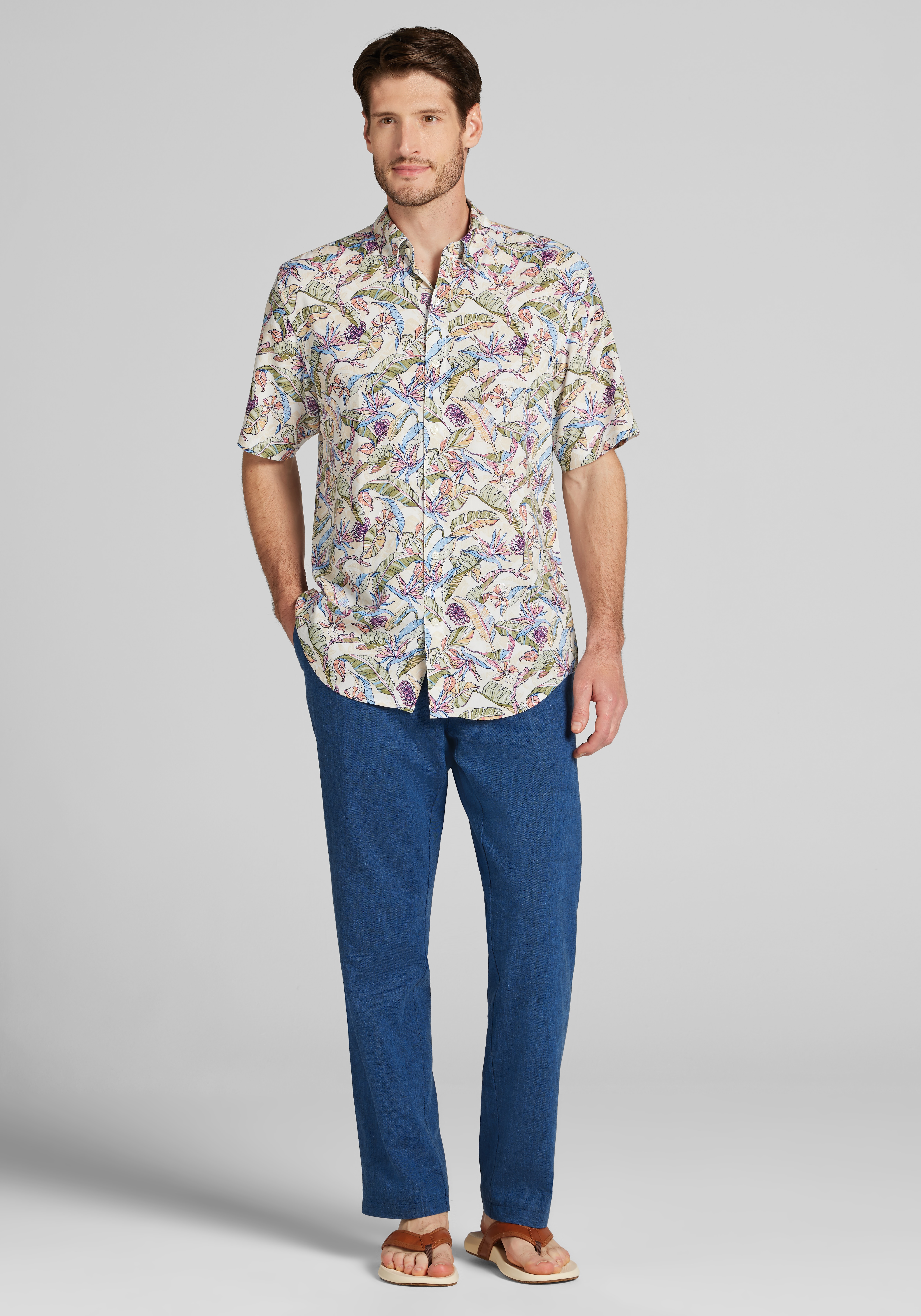 1905 Collection Tailored Fit Hawaiian Floral Palm Short Sleeve Button Up Shirt