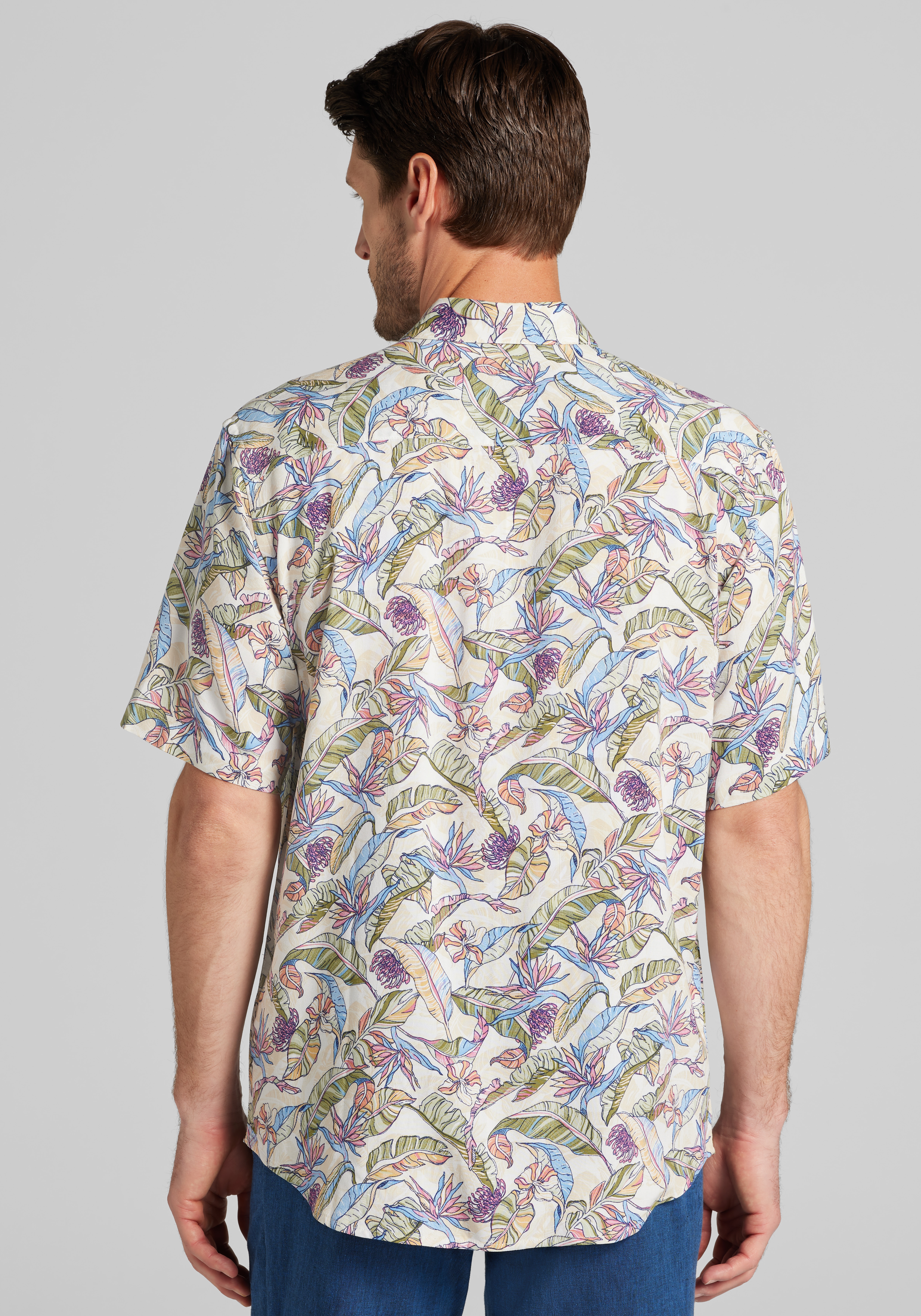 1905 Collection Tailored Fit Hawaiian Floral Palm Short Sleeve Button Up Shirt