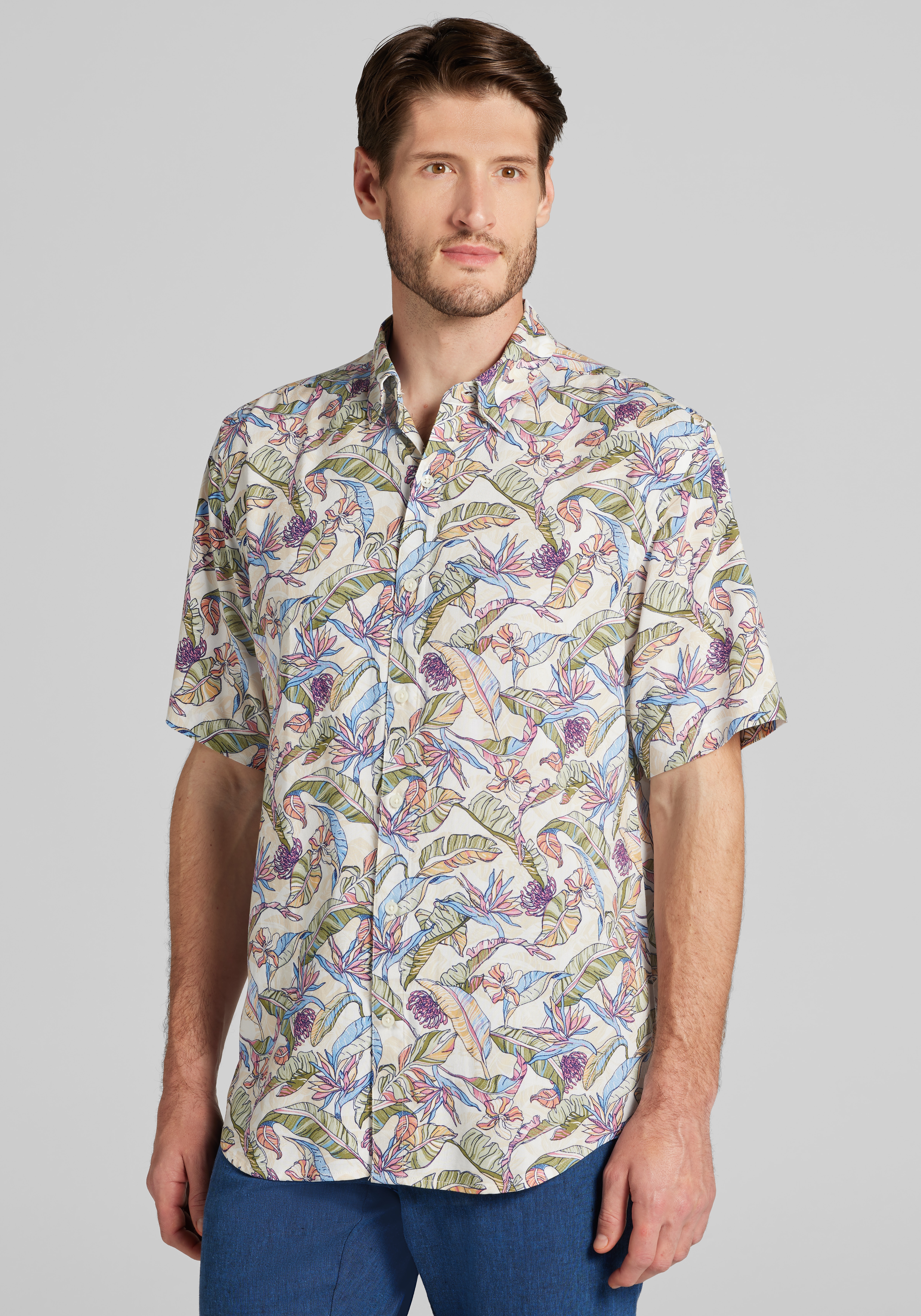 Men's Casual Tops, 1905 Collection Tailored Fit Hawaiian Floral Palm Short Sleeve Sportshirt - Big & Tall - Jos A Bank