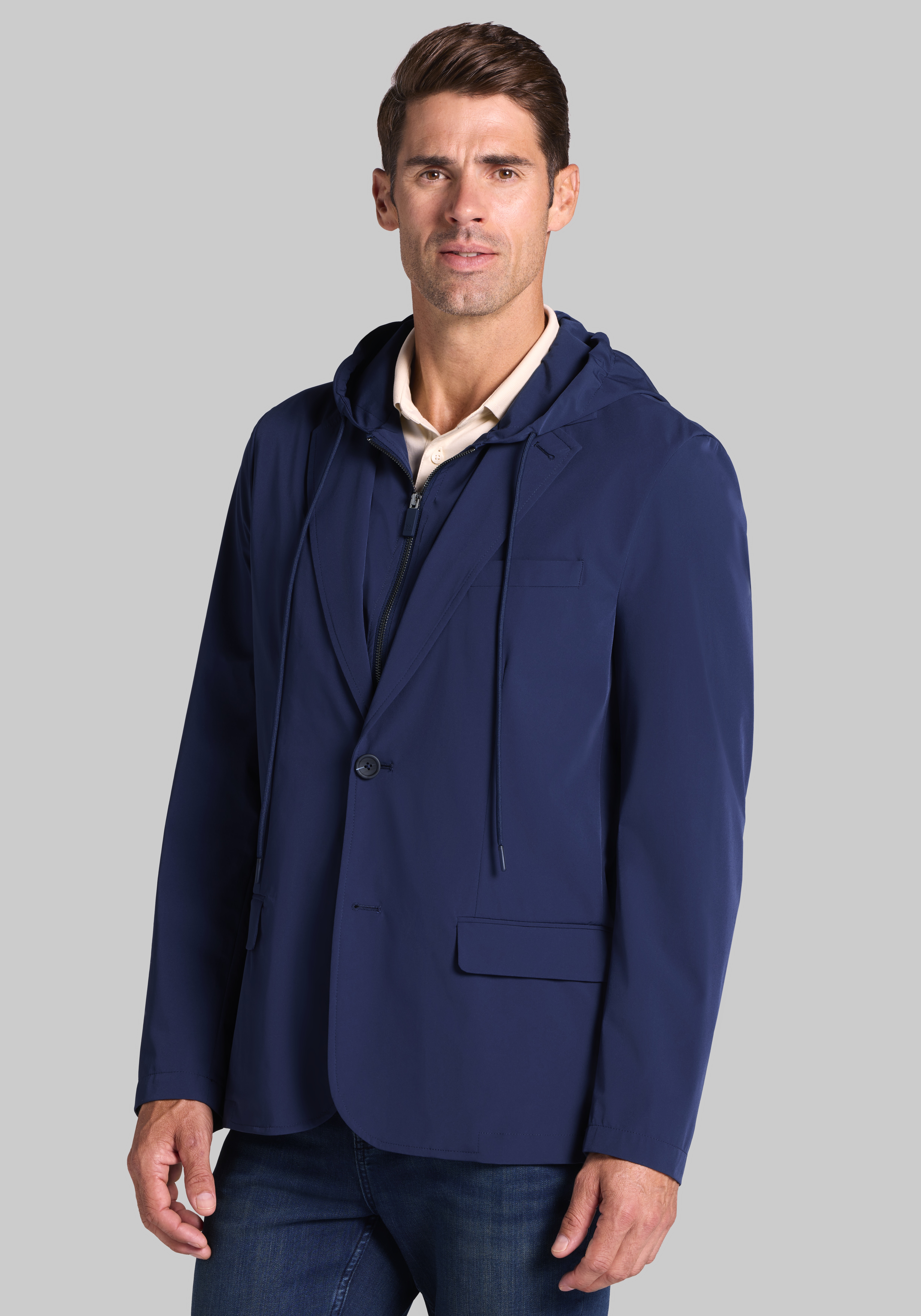 Men's Sale & Clearance, Traveler® Tailored Fit Tech Soft Jacket with Hooded Bib - Jos A Bank