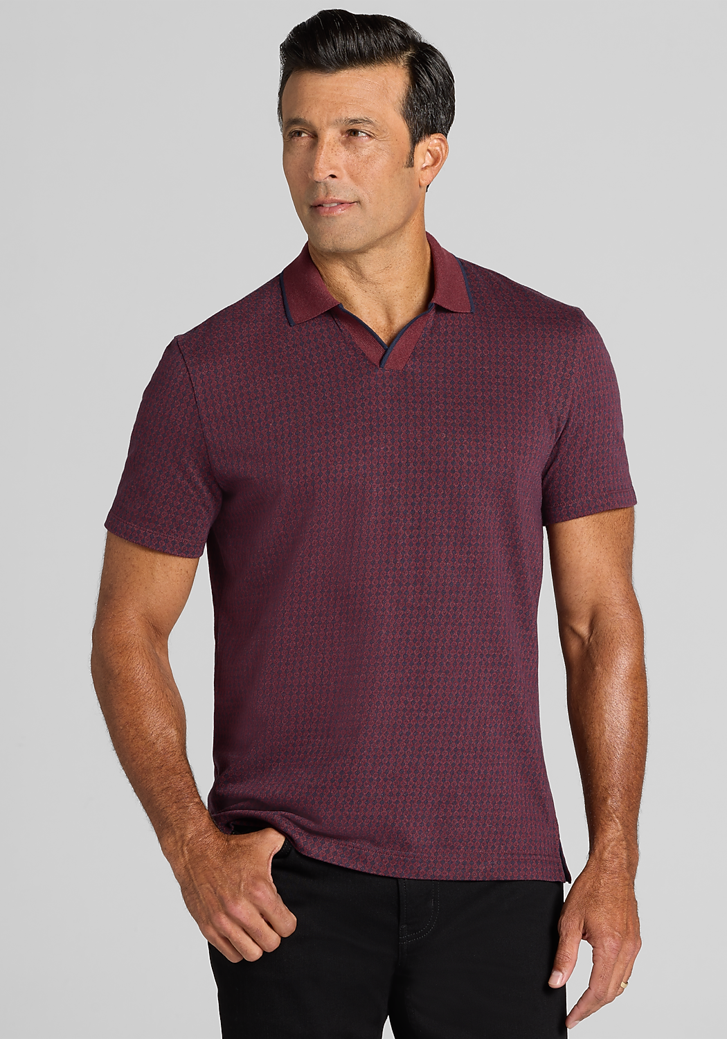 Jos. A. Bank Tailored Fit Medallion Jacquard Tipped Johnny Polo Shirt - Big & Tall