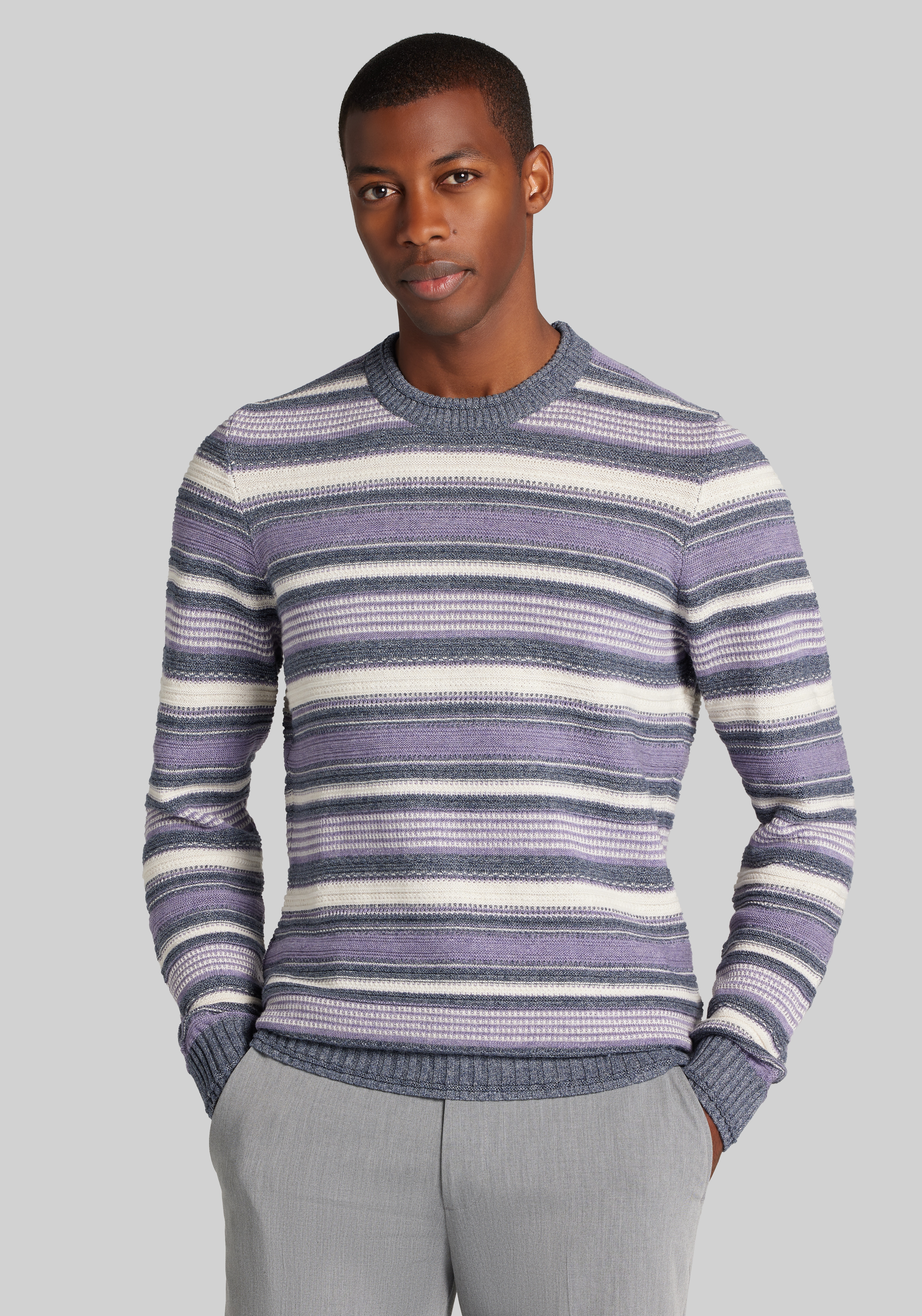 Men's Sweaters, Jos A. Bank Tailored Fit Textured Stripe Crew Neck Sweater - Jos A Bank