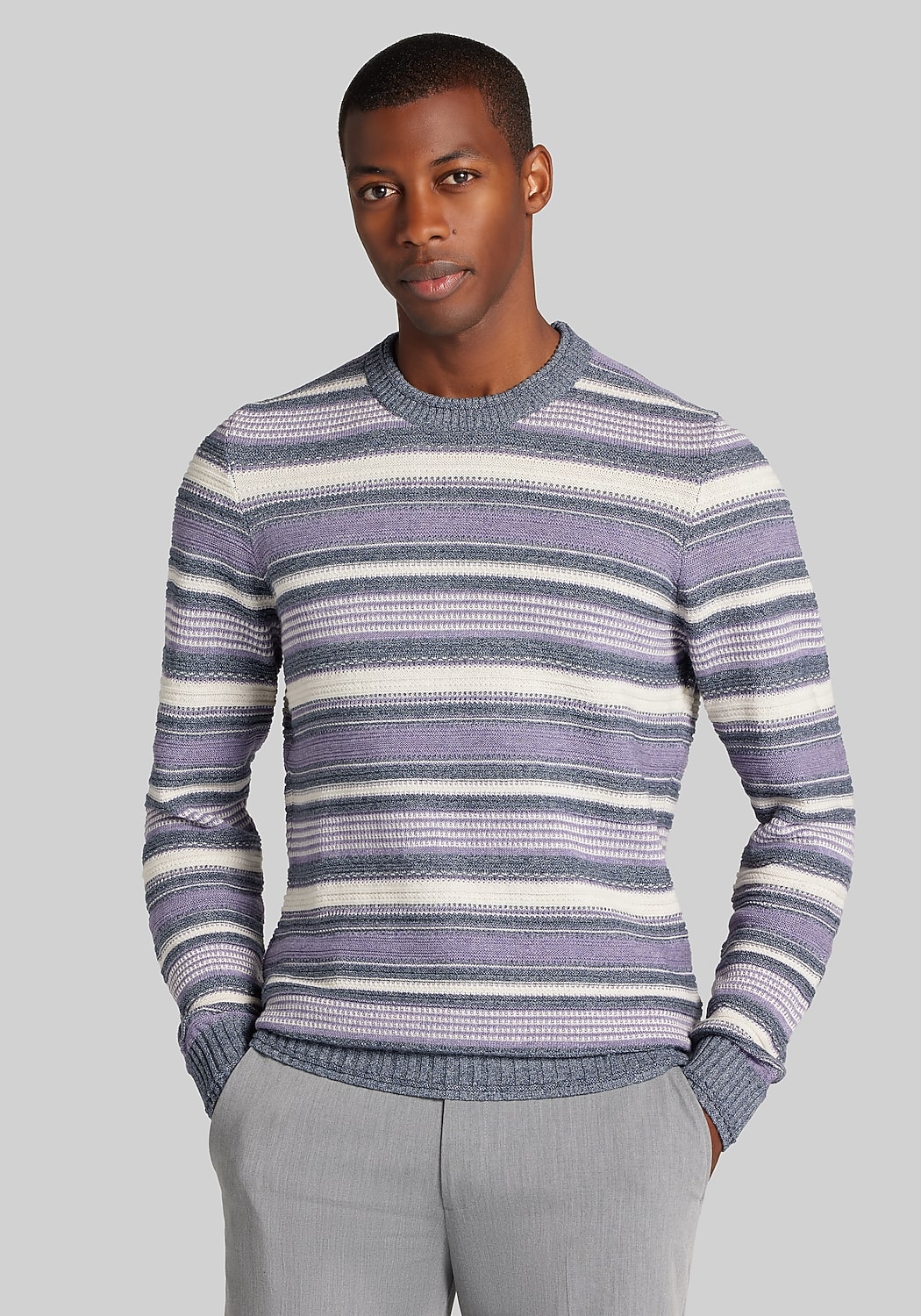 Jos A. Bank Tailored Fit Textured Stripe Crew Neck Sweater - Big & Tall
