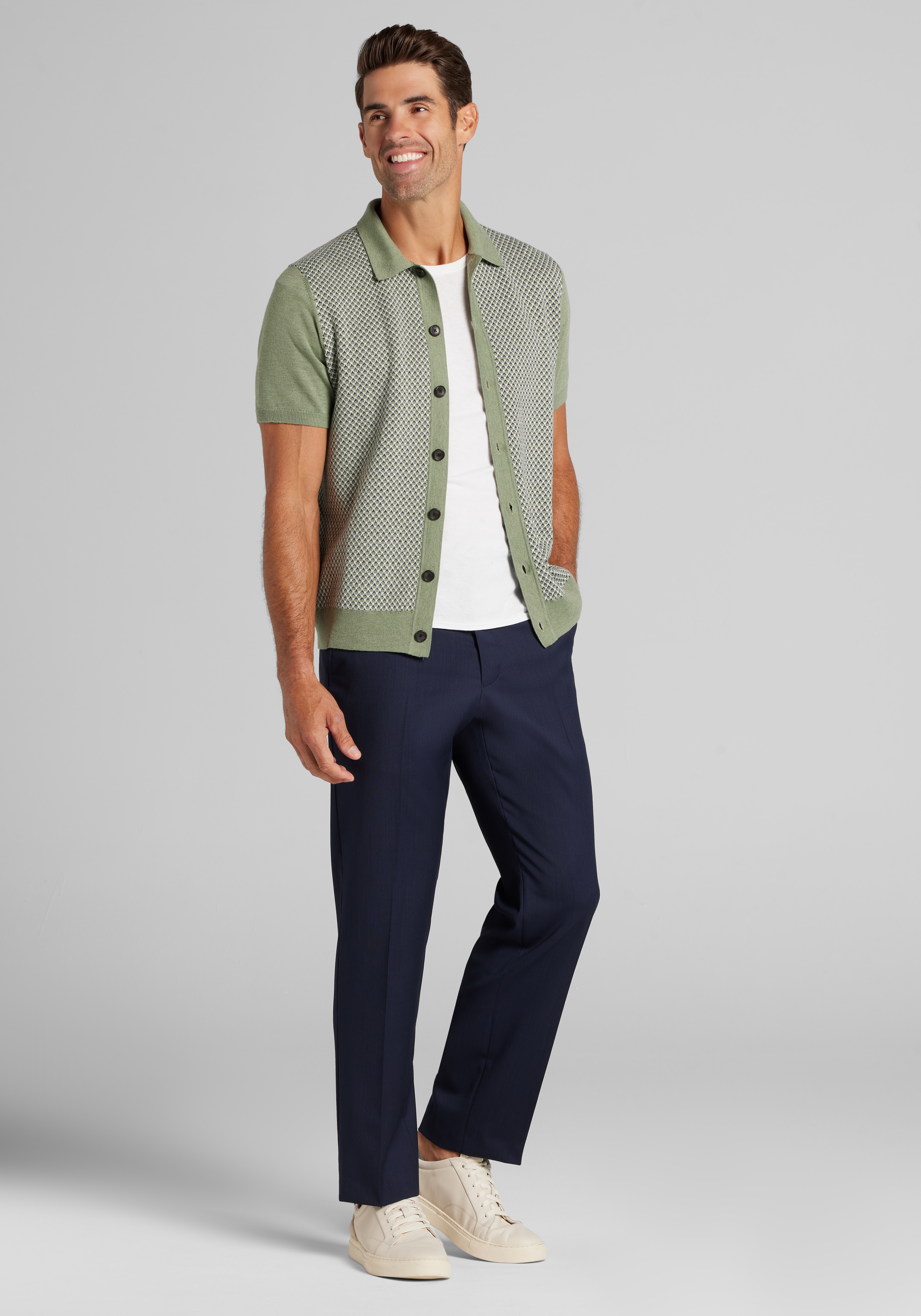 Jos. A. Bank Tailored Fit Short Sleeve Birdseye Jacquard Polo Sweater