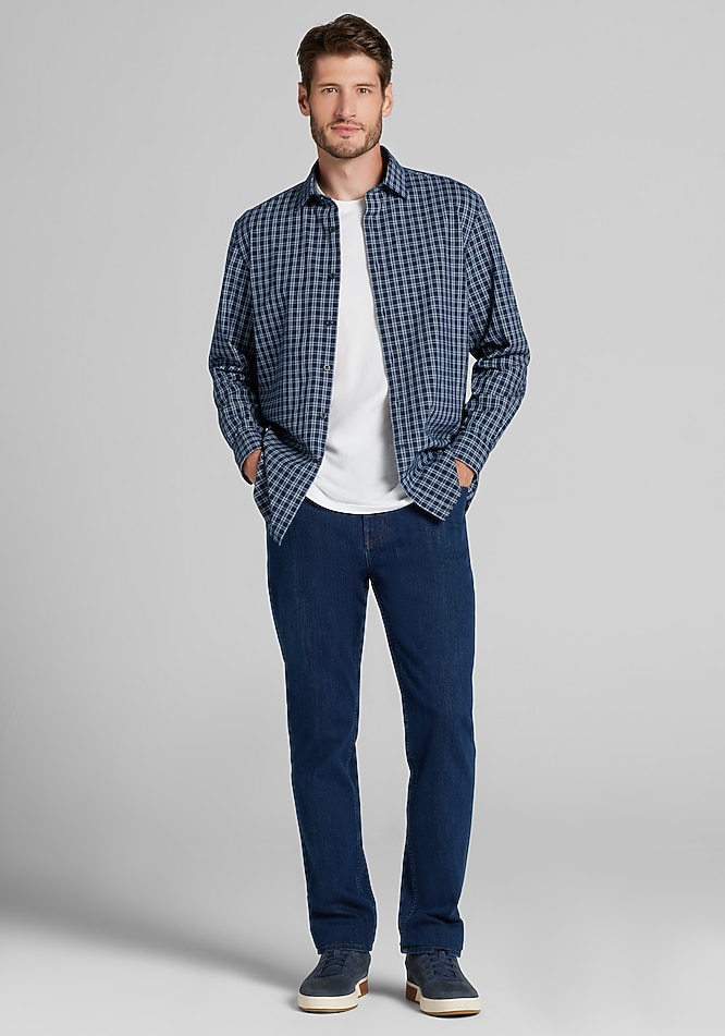 Jos. A. Bank Tailored Fit Check Button Up Shirt - Blue Sportshirts