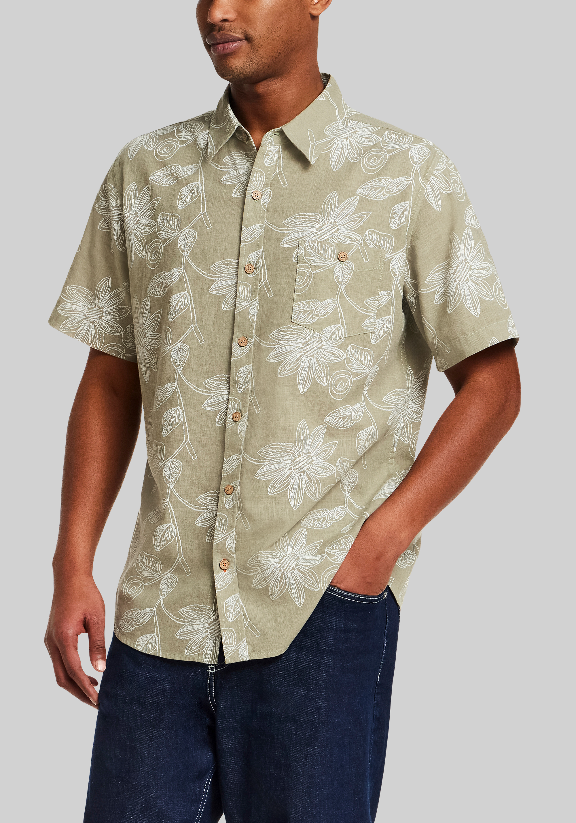 Weatherproof Vintage Traditional Fit Oversize Floral Faux Linen Sportshirt