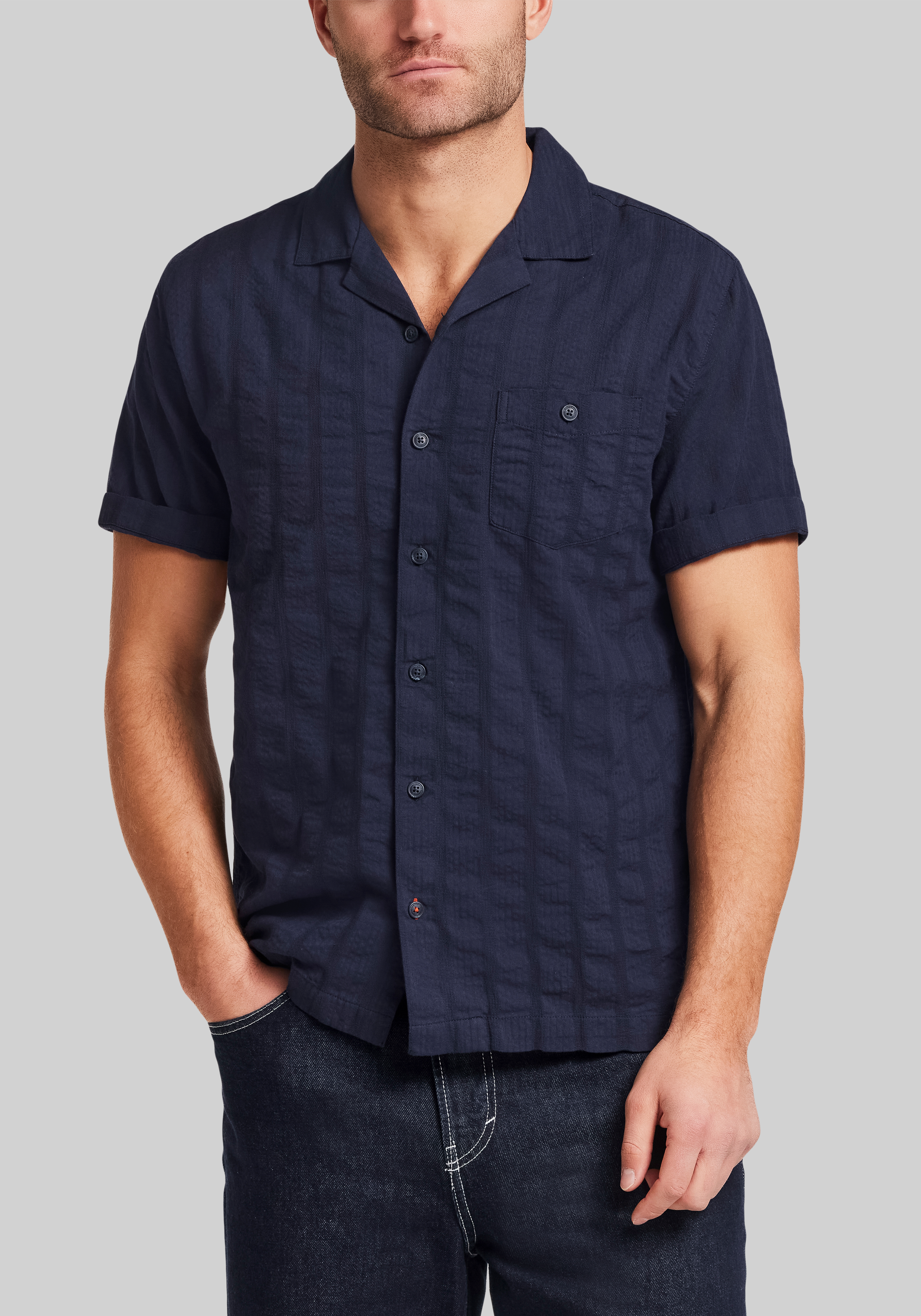 Men's New!, Weatherproof Vintage Traditional Fit Dobby Seersucker Vertical Text Shirt - Jos A Bank