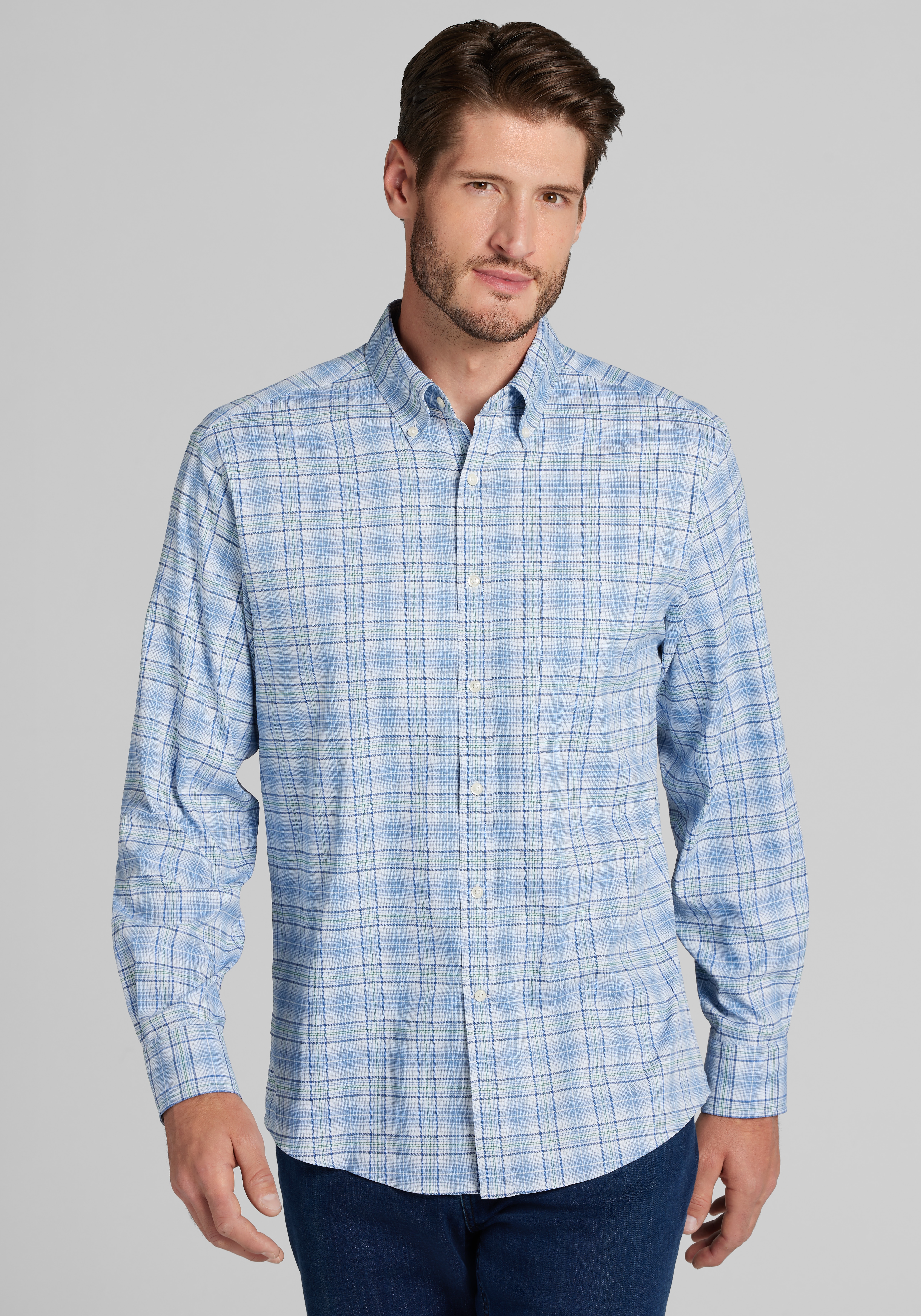 Men's FLYOUT_CATEGORY, Traveler&reg; COOL<i>MOTION</i> Tailored Fit Plaid 4-Way Stretch Button Up Shirt - Big & Tall - Jos A Bank