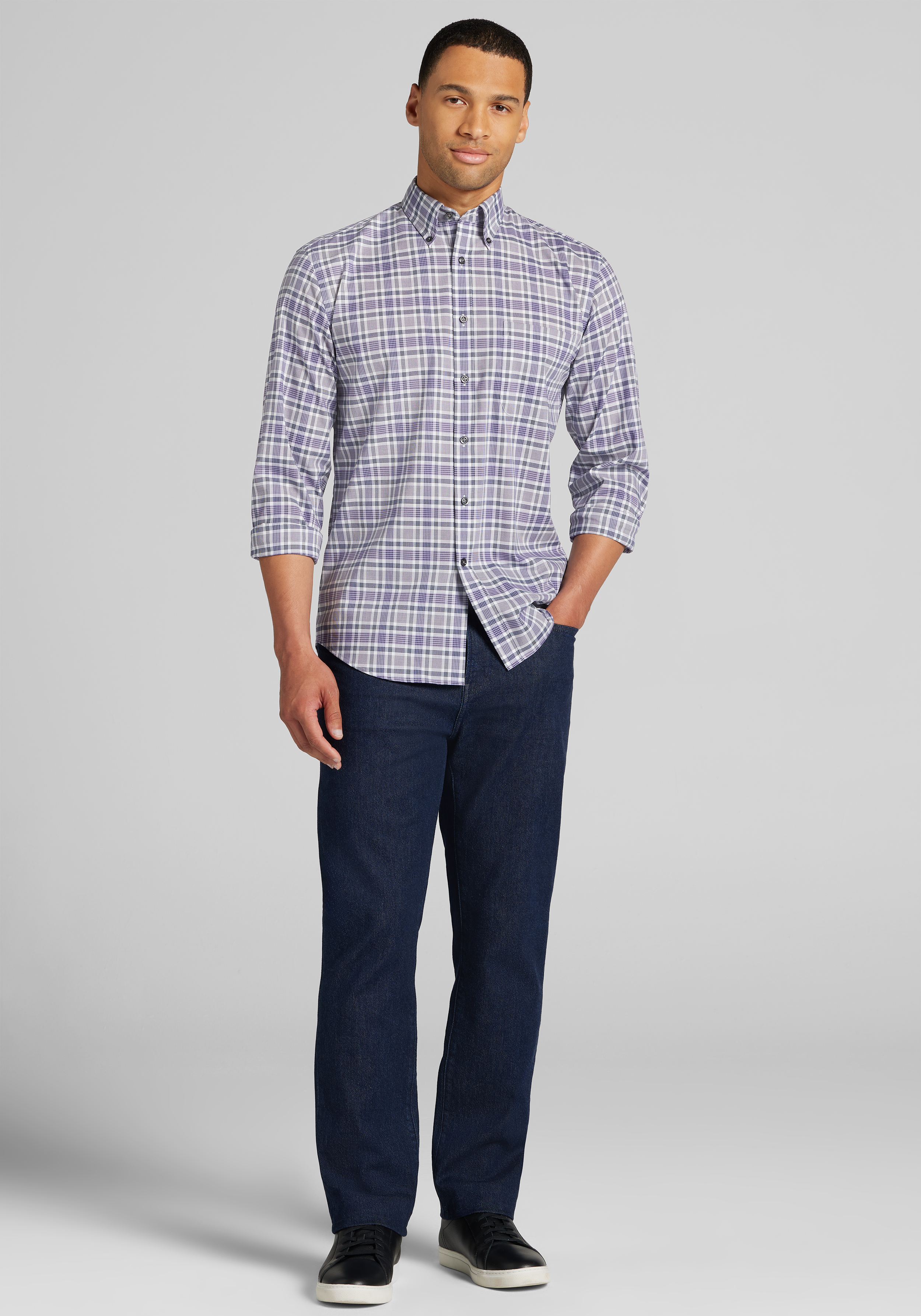 Traveler® Collection Tailored Fit Grid Check Button Up Shirt