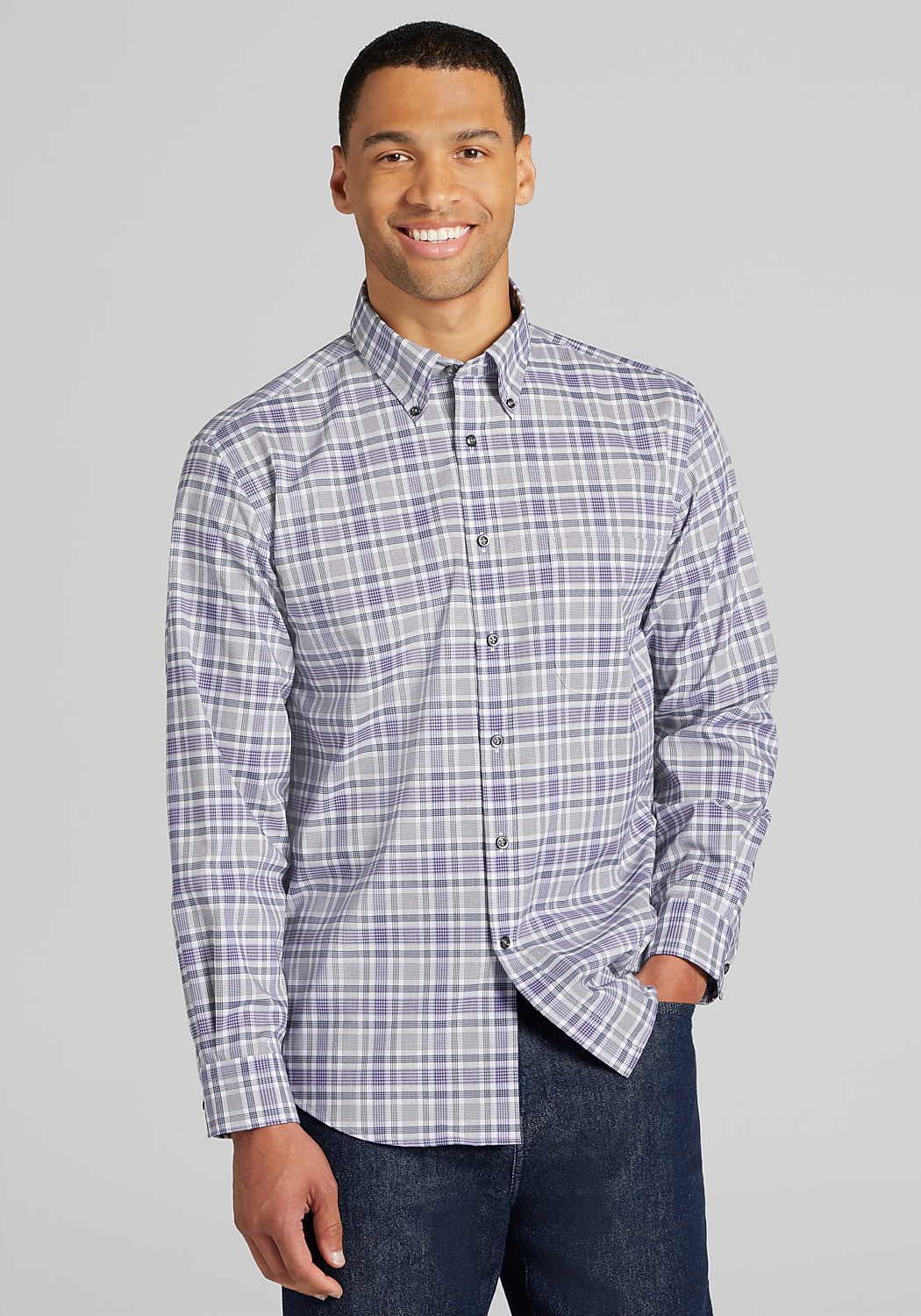 Traveler® Collection Tailored Fit Grid Check Button Up Shirt - Big & Tall