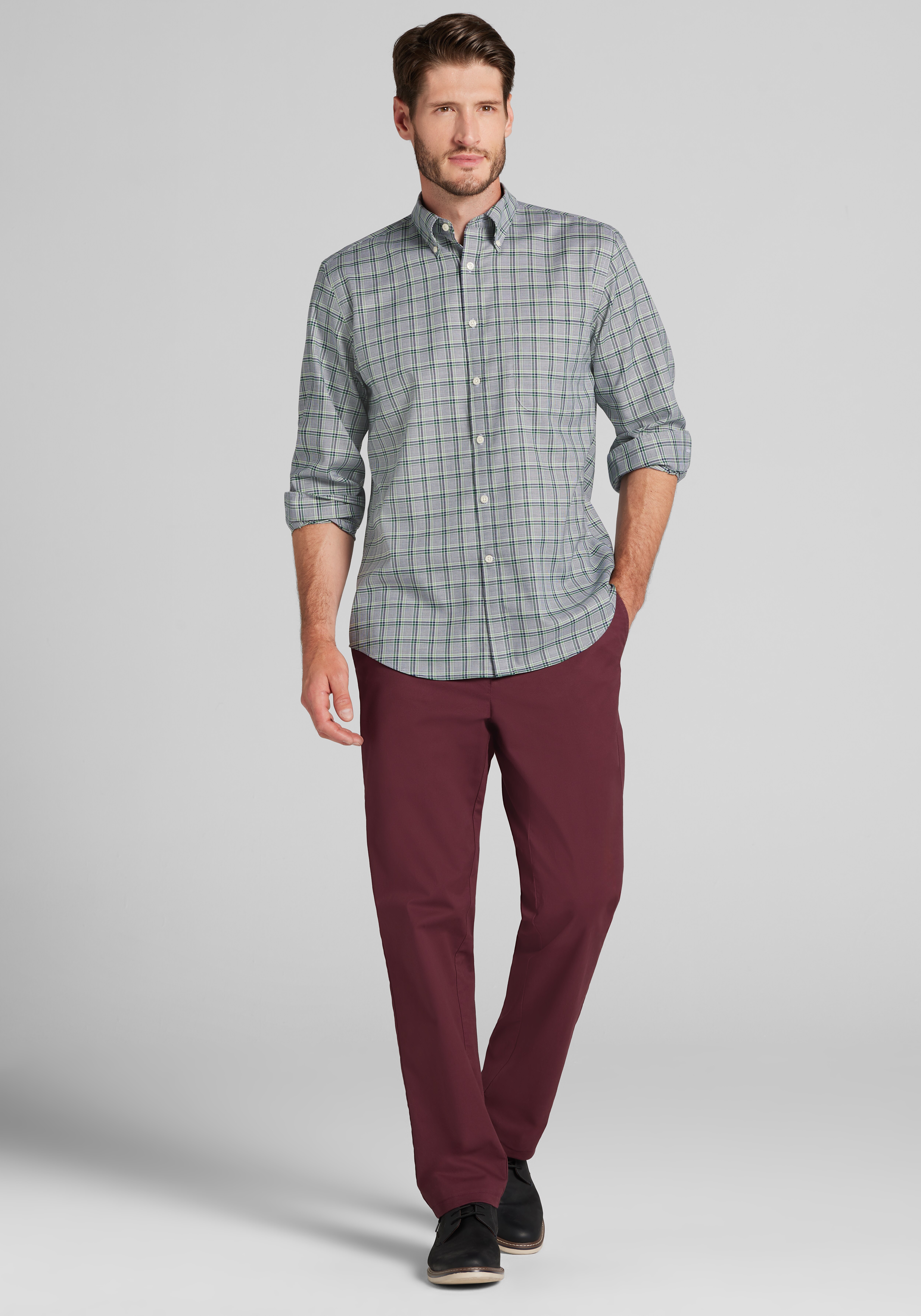 Traveler® Collection Tailored Fit Tartan Check Button Up Shirt