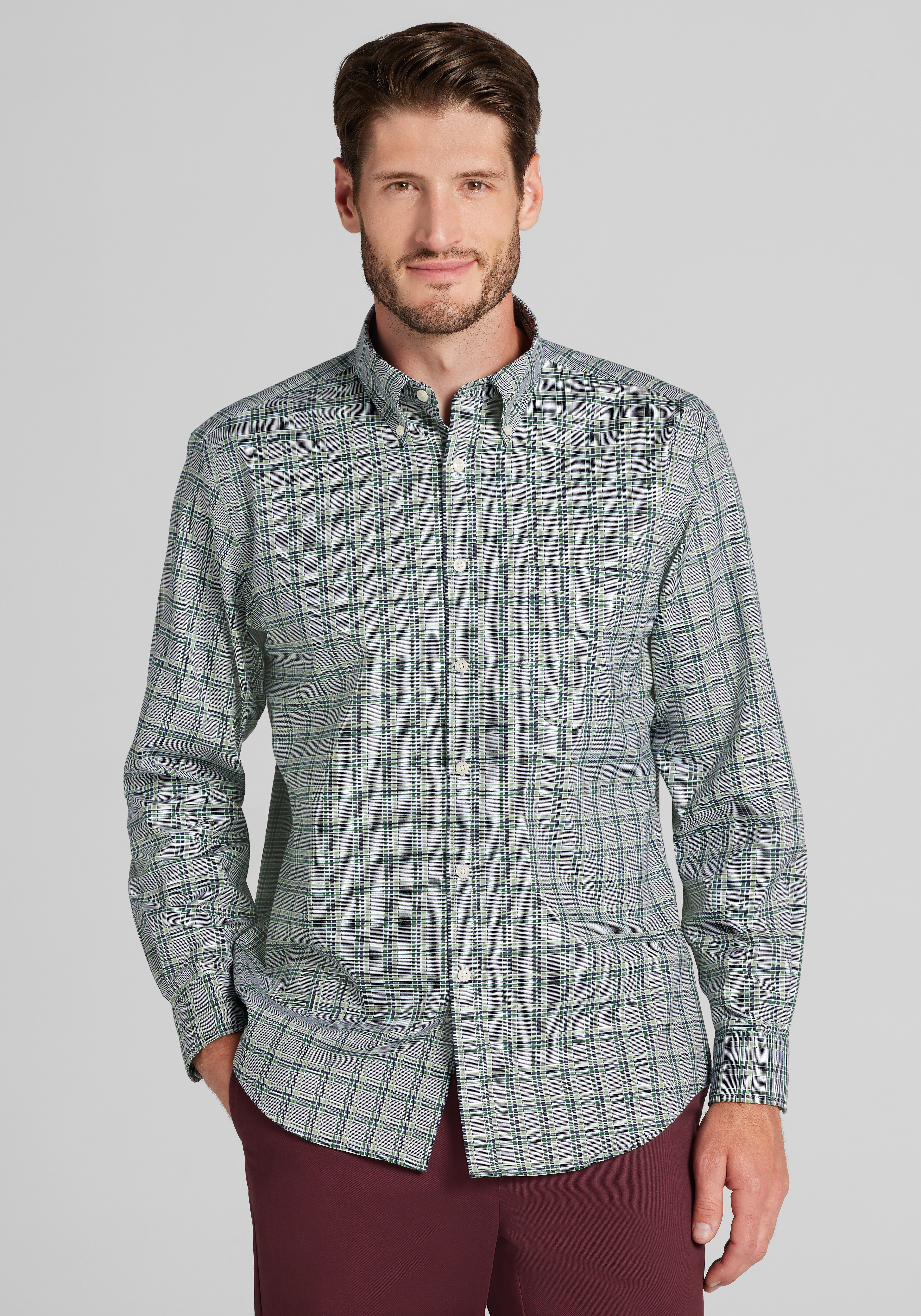 Traveler® Collection Tailored Fit Tartan Check Button Up Shirt