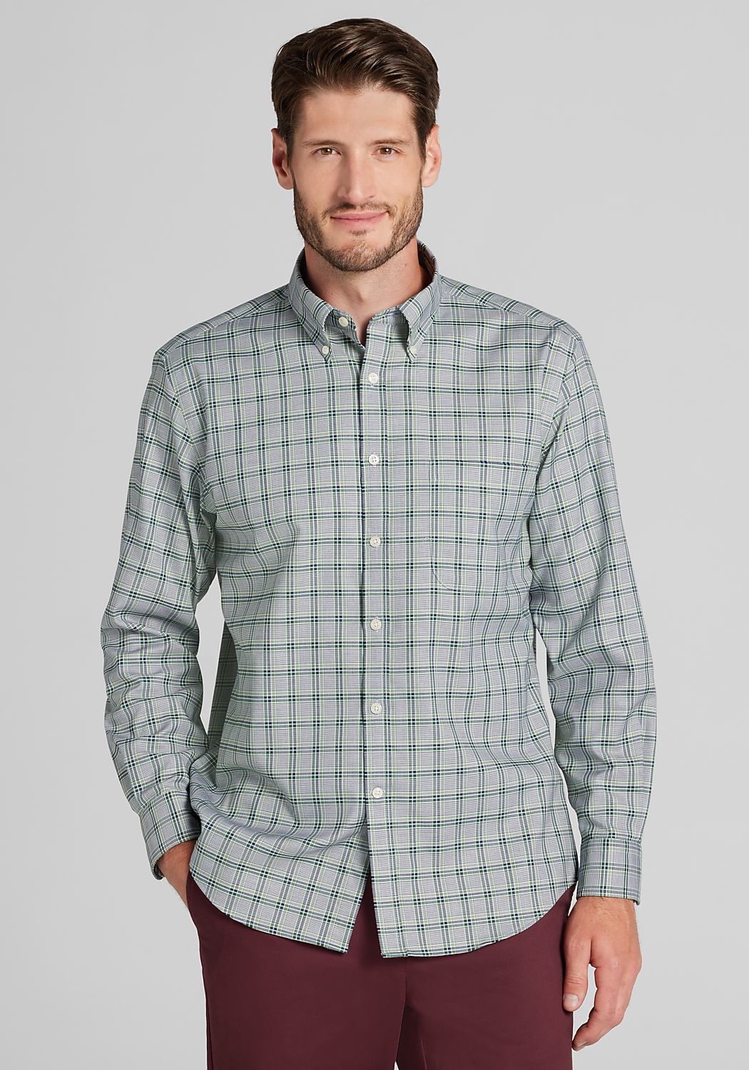 Traveler® Collection Tailored Fit Tartan Check Button Up Shirt - Big & Tall