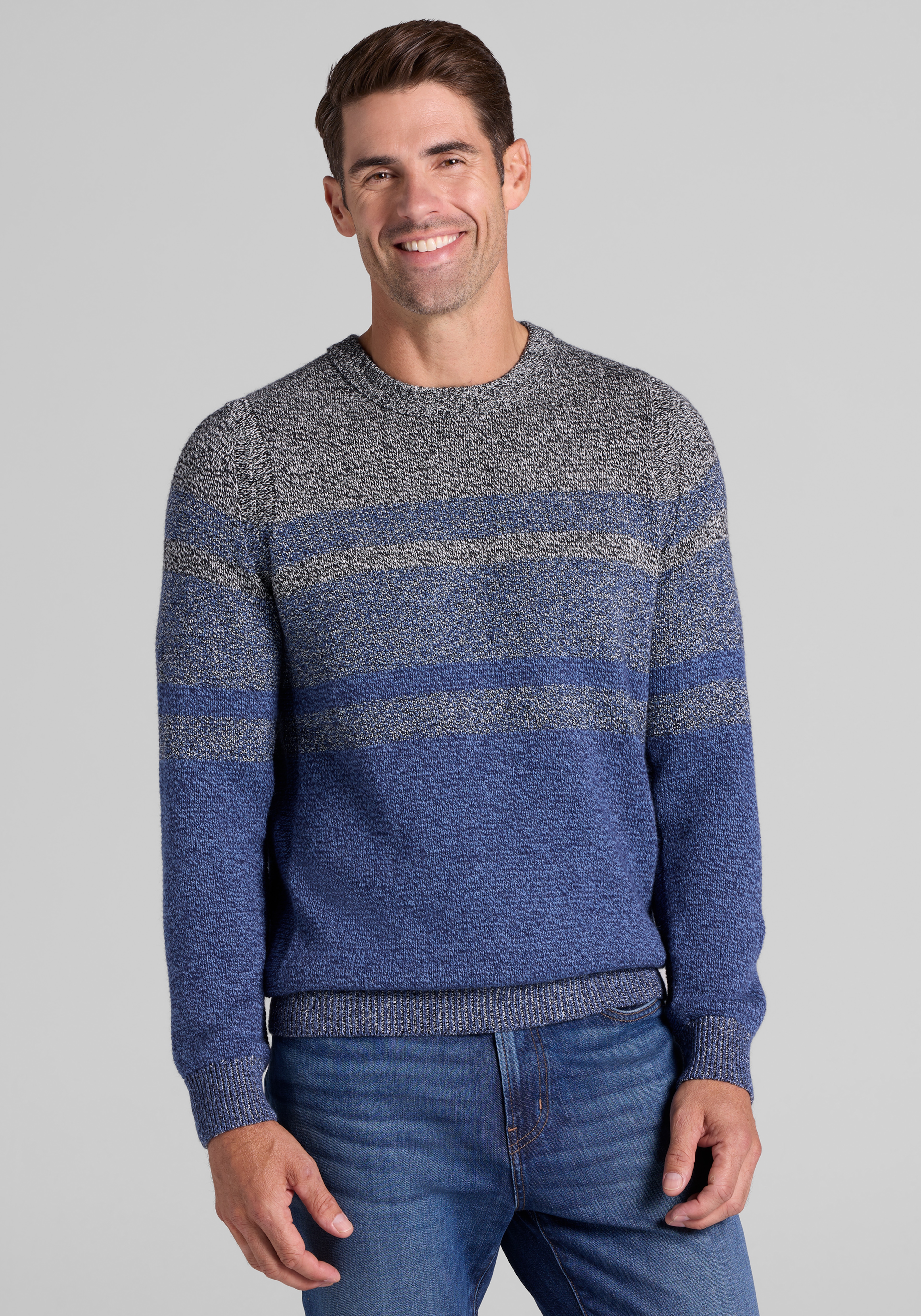 Jos. A. Bank Tailored Fit Wool Blend Marled Stripe Crew Neck Sweater