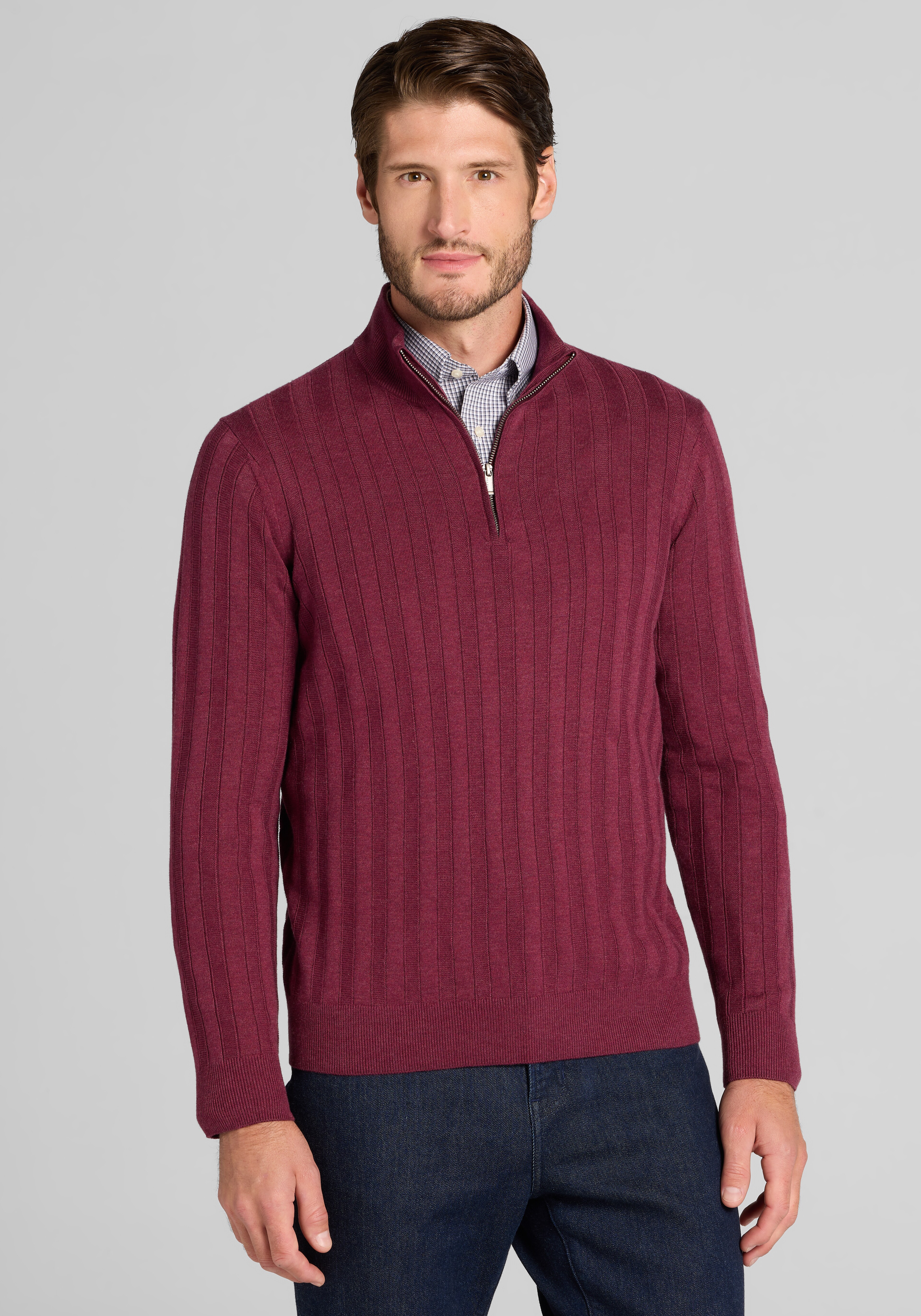 Jos. A. Bank Tailored Fit Textured Stripe Quarter-Zip Sweater