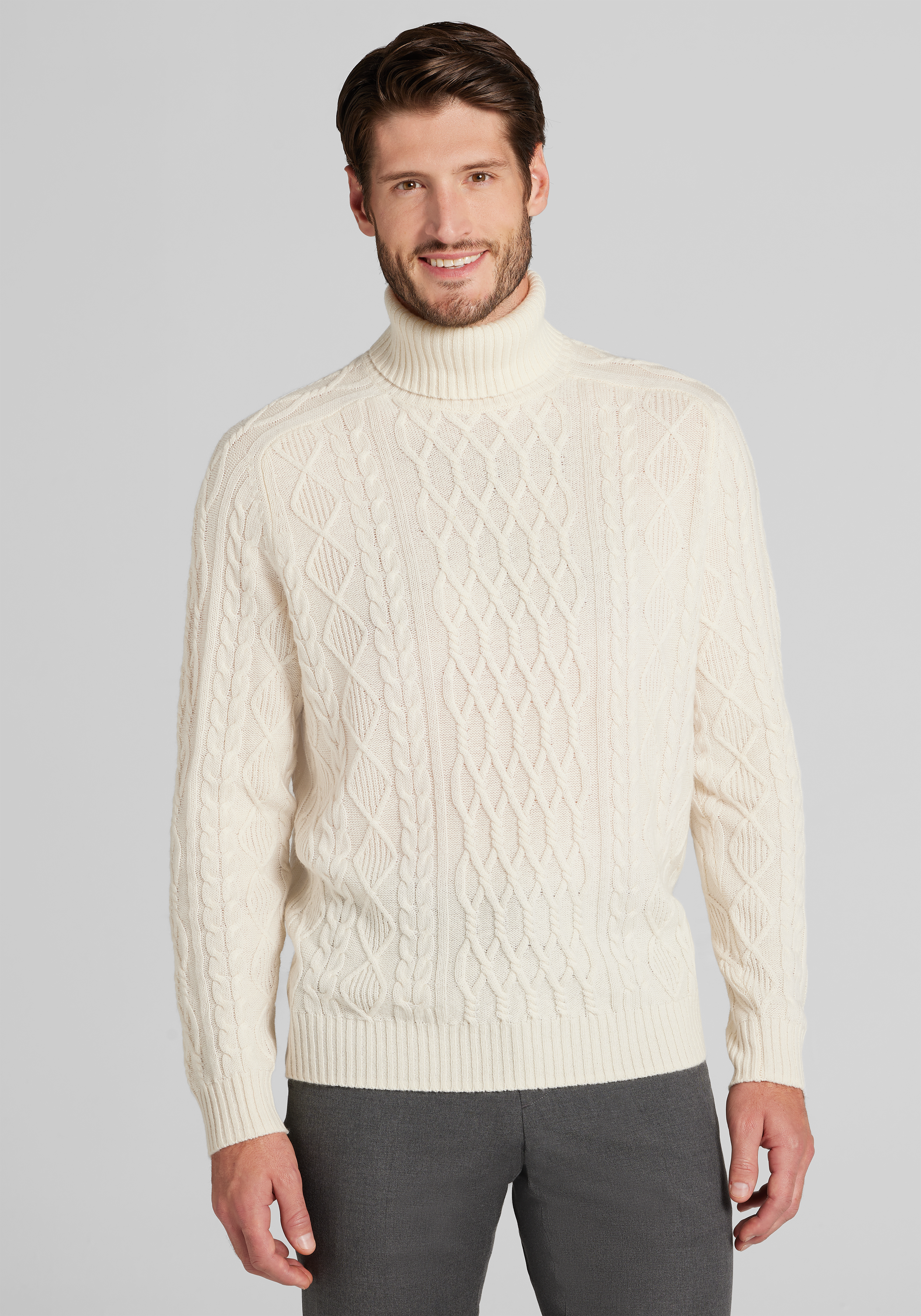 Men's Sweaters, Reserve Collection Tailored Fit Cashmere Blend Cable Knit Turtleneck Sweater - Jos A Bank