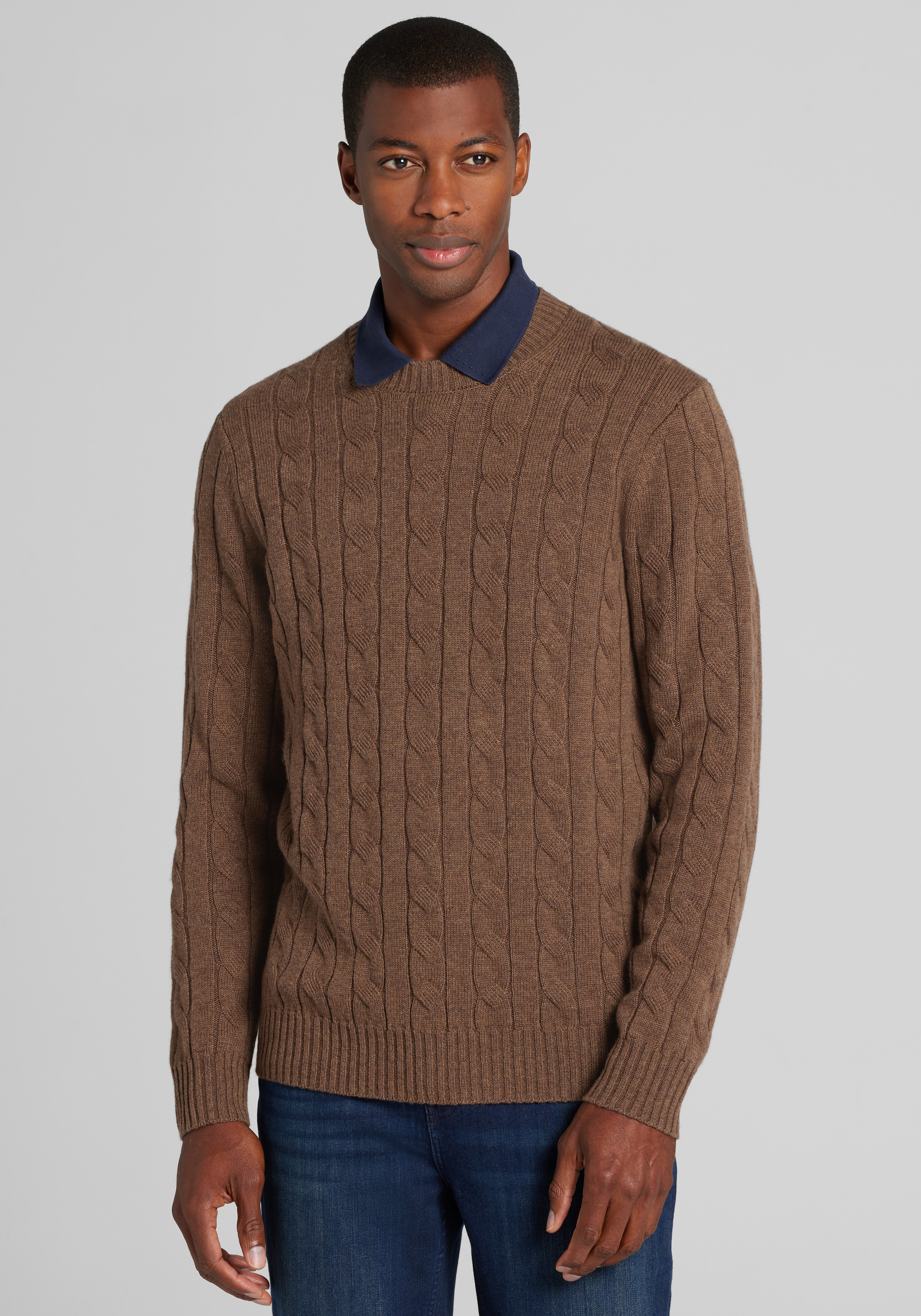 Men's Sweaters, Reserve Collection Tailored Fit Cable-Knit Crewneck Sweater - Jos A Bank