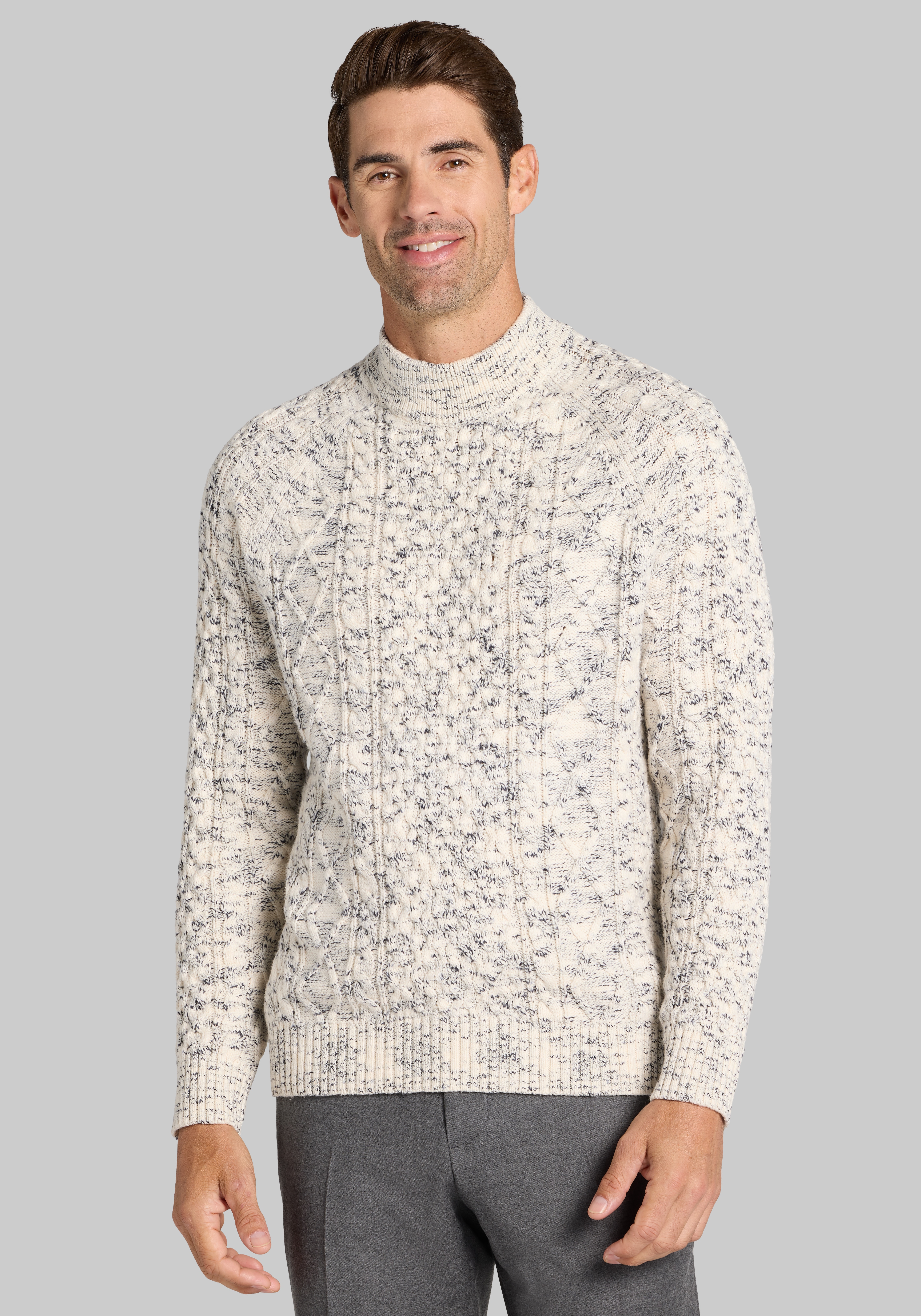 Men's New!, Jos. A. Bank Tailored Fit Soft Speckled Cable-Knit Mock Neck Sweater - Jos A Bank