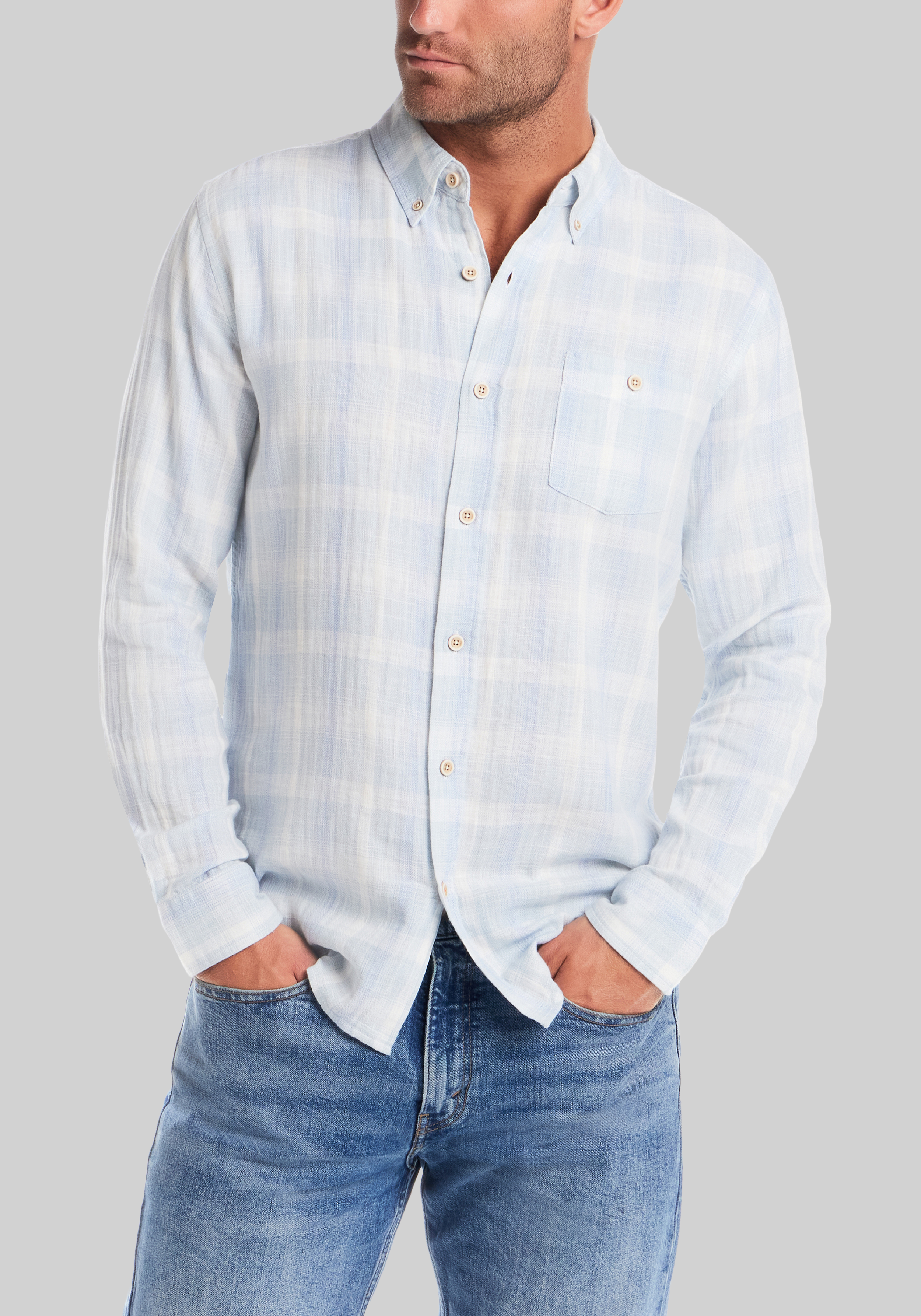 Men's Casual Tops, Weatherproof Vintage Tailored Fit Washed Herringbone Plaid Sportshirt - Jos A Bank