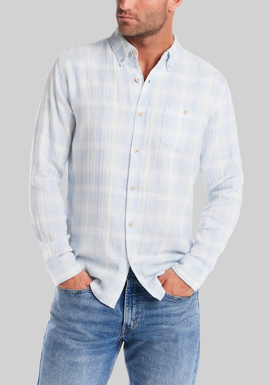 Weatherproof Vintage Tailored Fit Washed Herringbone Plaid Sportshirt