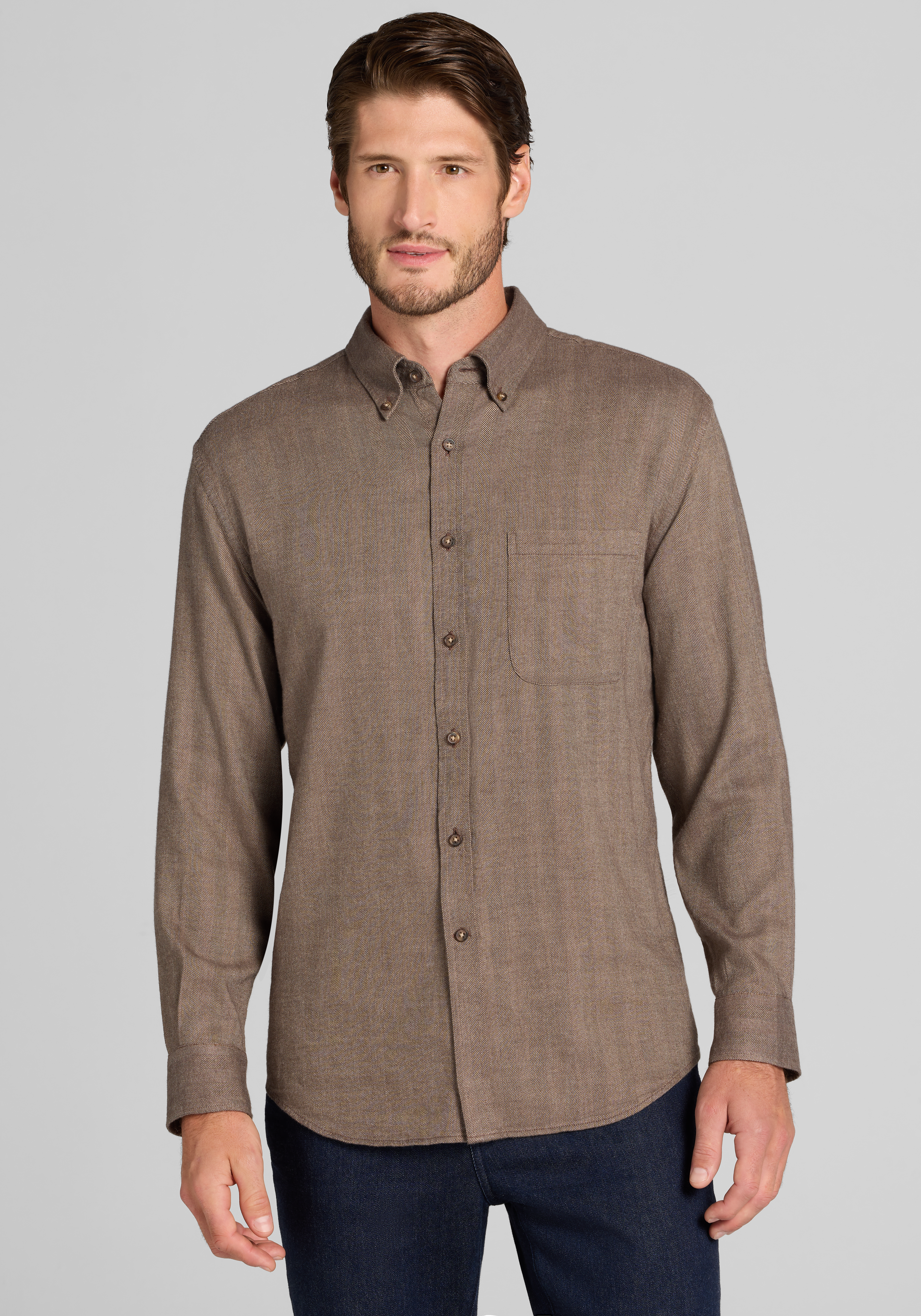 Men's Casual Tops, Jos. A. Bank Tailored Fit Herringbone Peached Button Up Shirt - Jos A Bank