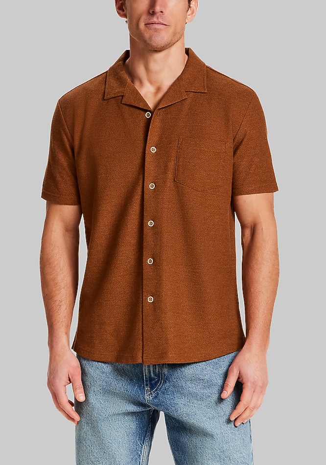 Men's Weatherproof Vintage Structural Pique Short Sleeve Camp Shirt at Jos. A. Bank, Retro Brown, Size X Large