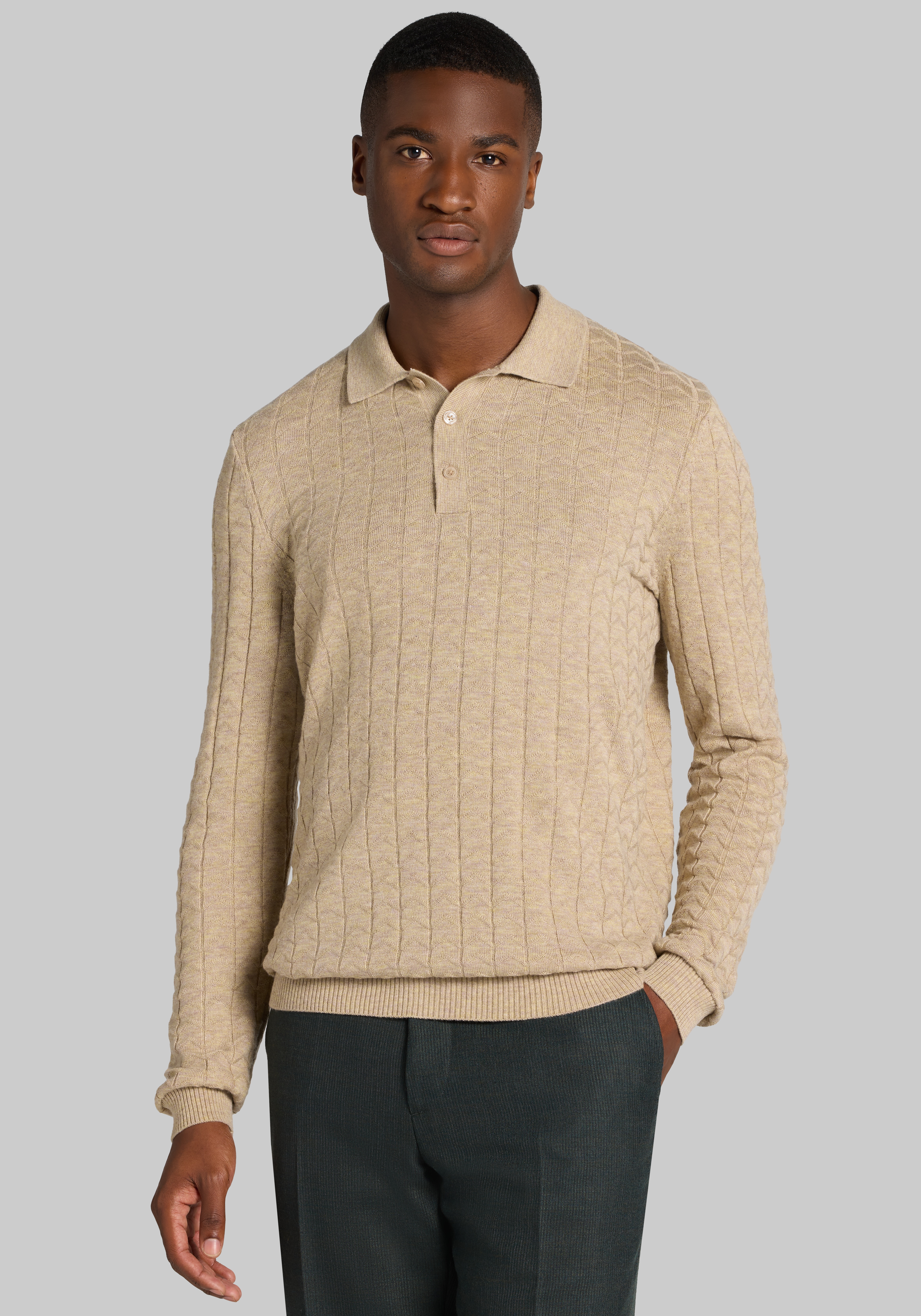 Men's Special Categories, Paisley & Gray Slim Fit Chevron Pattern Long-Sleeve Polo Sweater - Jos A Bank