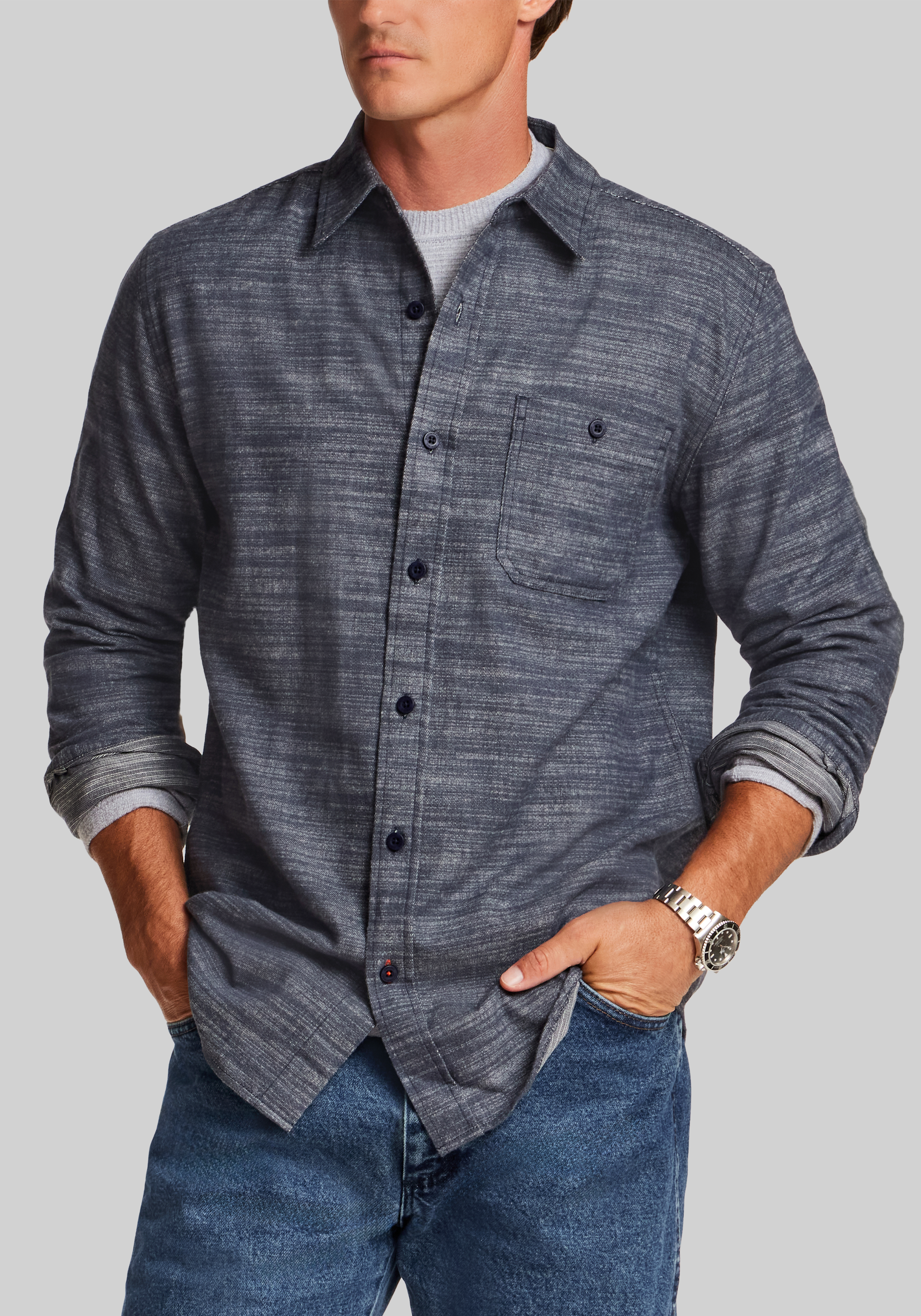 Weatherproof Vintage Traditional Fit Peached Slub Solid Button Up Shirt