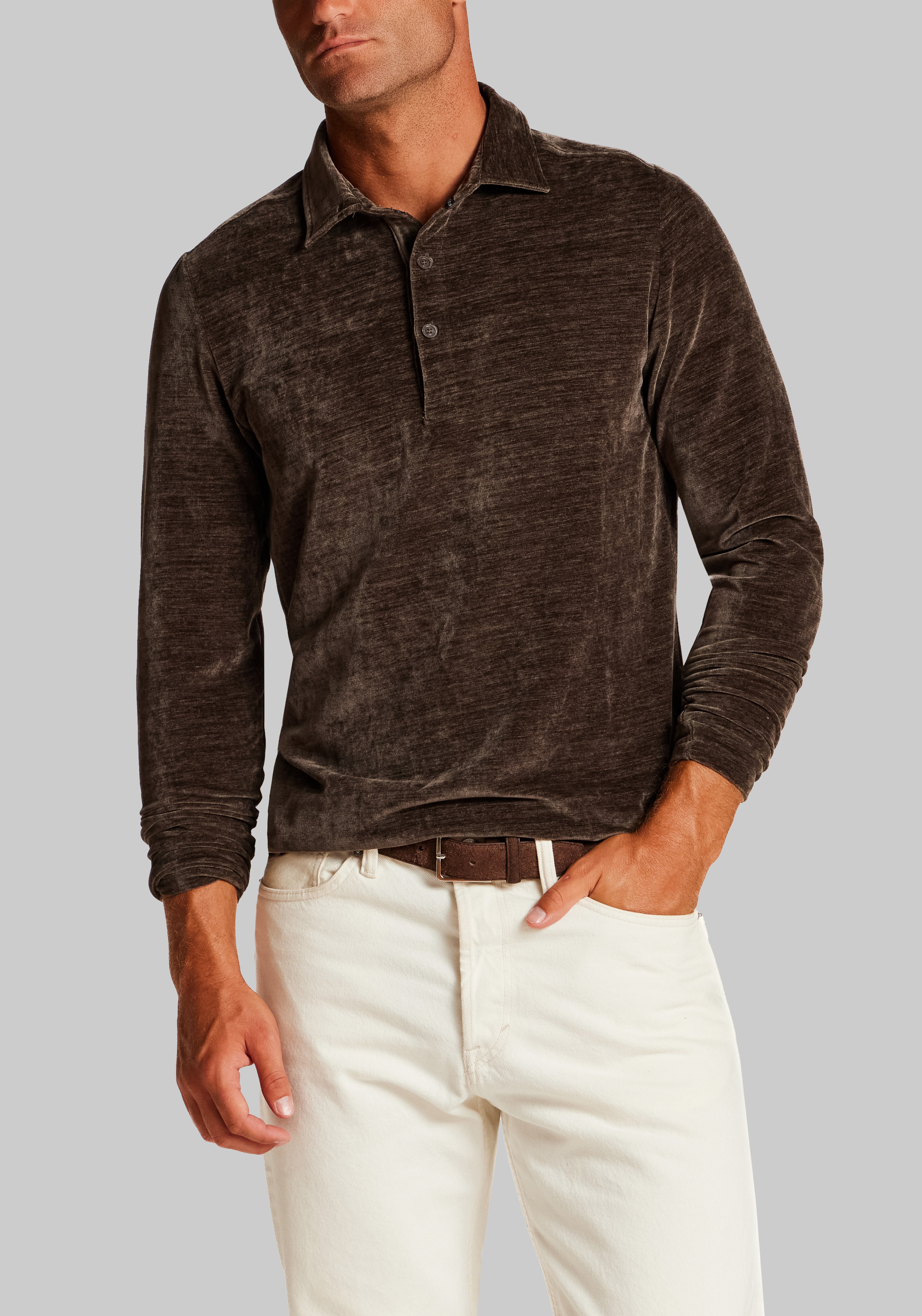 Vintage & Black Traditional Fit Long-Sleeve Velour Polo