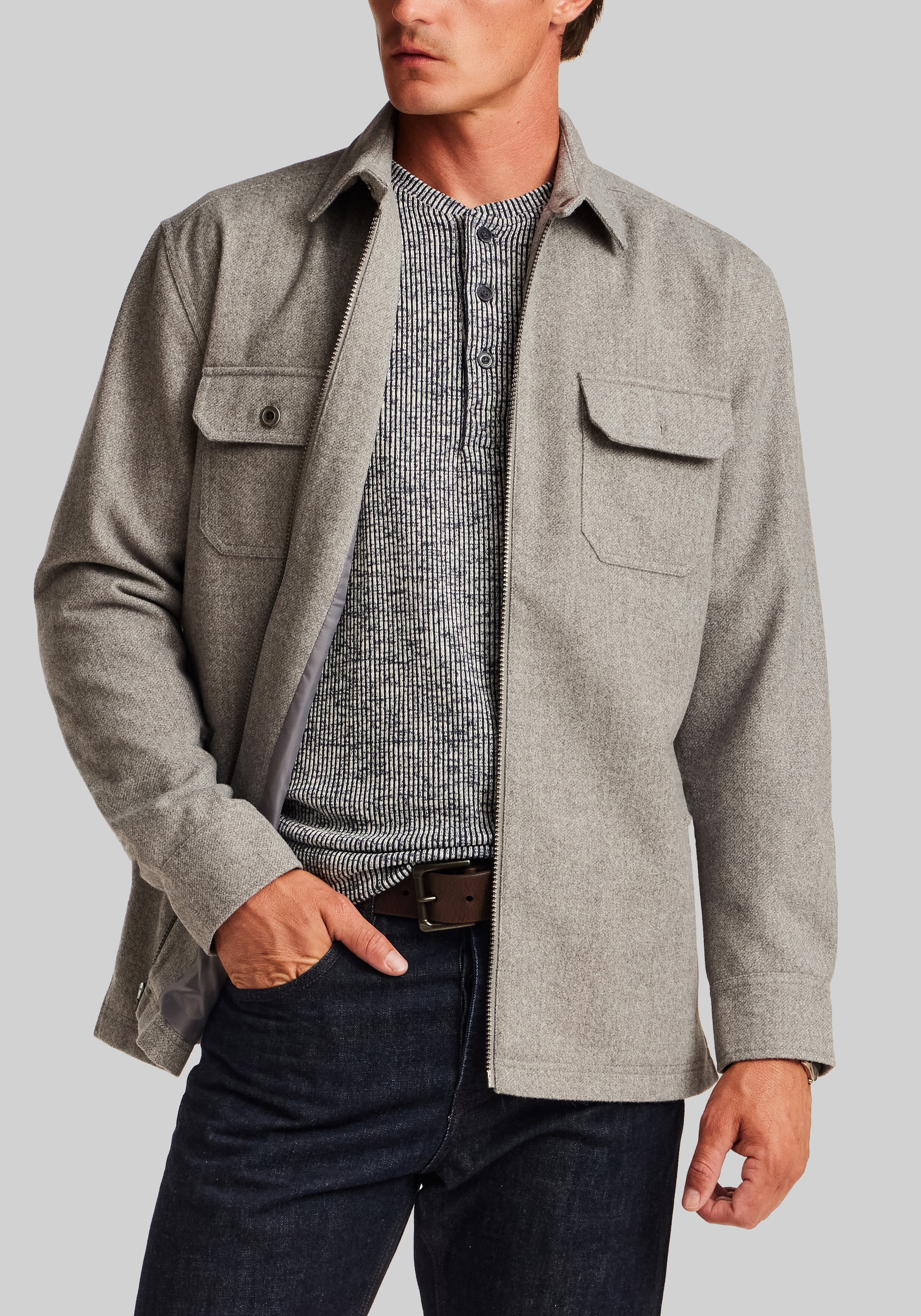 Men's Outerwear, Vintage & Black Traditional Fit Brushed Melange Full-Zip Shirt Jacket - Jos A Bank