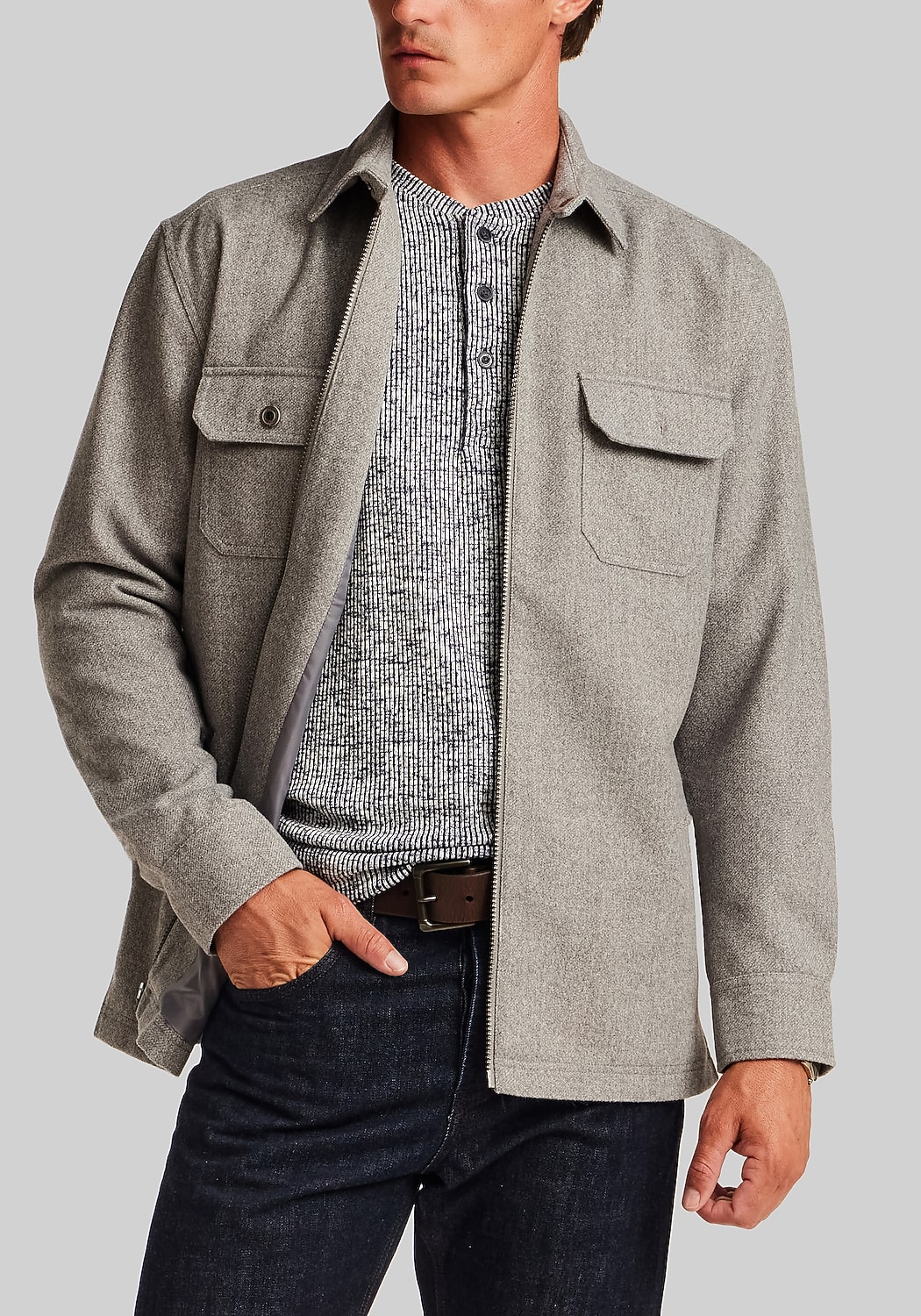 Vintage & Black Traditional Fit Brushed Melange Full-Zip Shirt Jacket