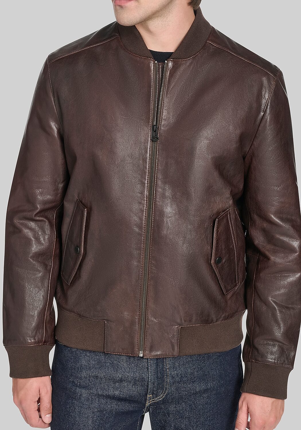Cole Haan Tailored Fit Vintage Leather Bomber Jacket