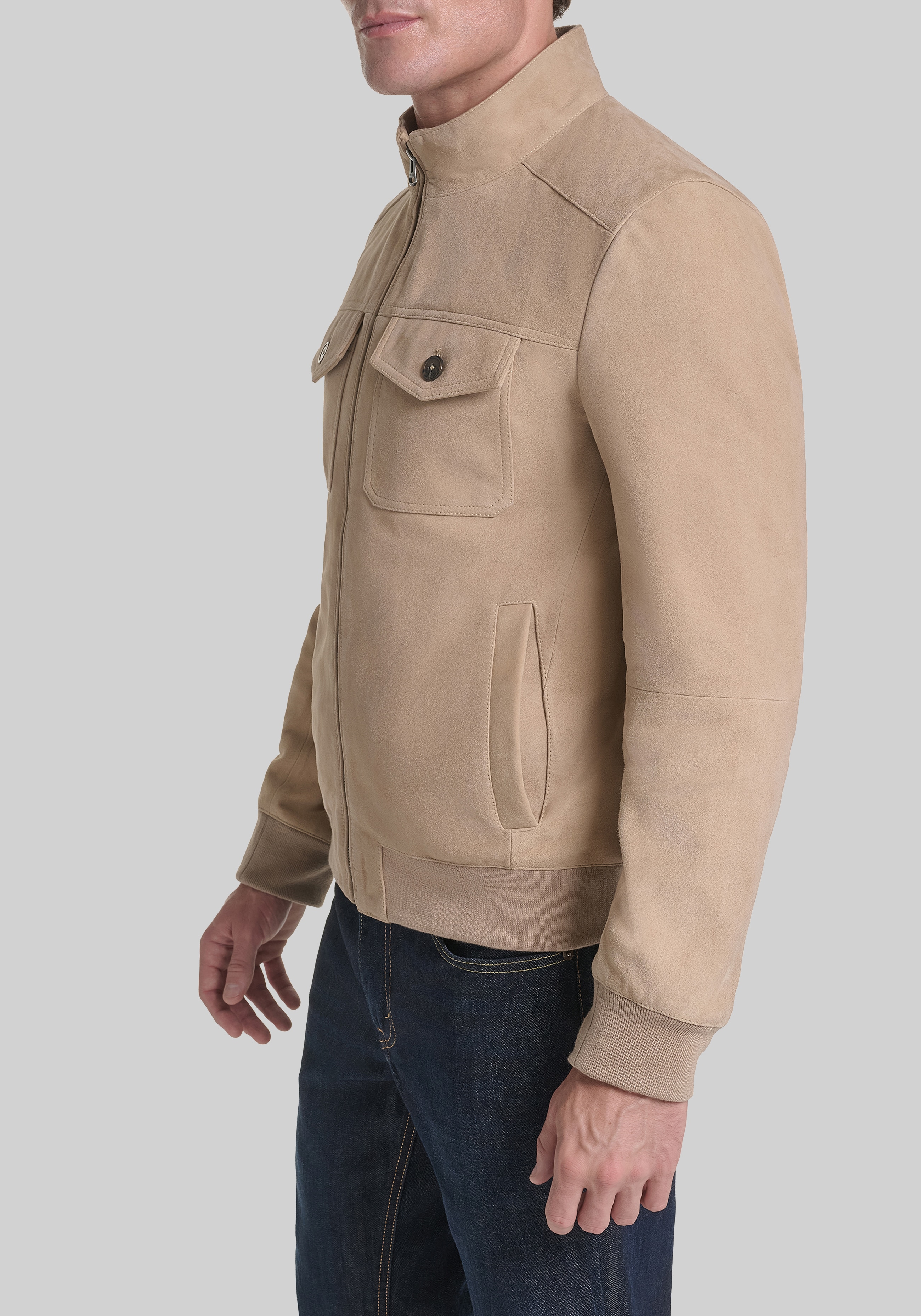 Cole Haan Tailored Fit Suede Leather Bomber Jacket
