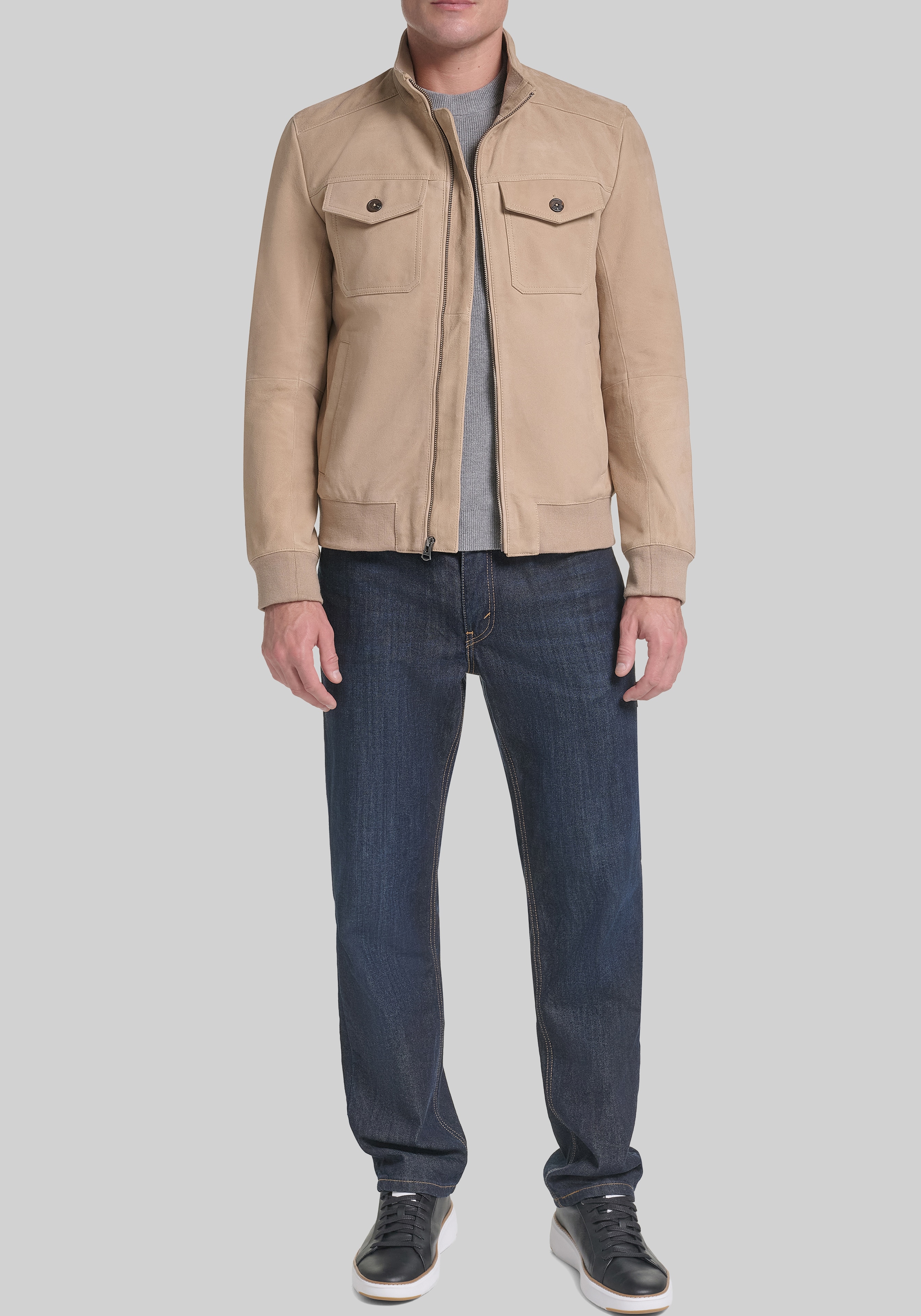 Cole Haan Tailored Fit Suede Leather Bomber Jacket