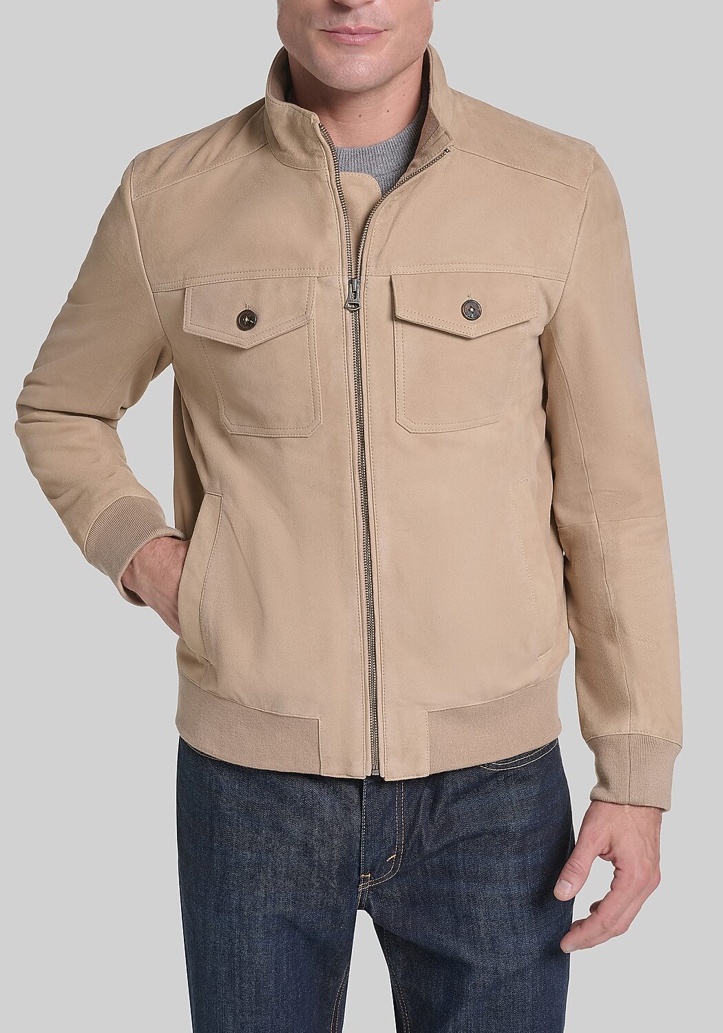 Cole Haan Tailored Fit Suede Leather Bomber Jacket