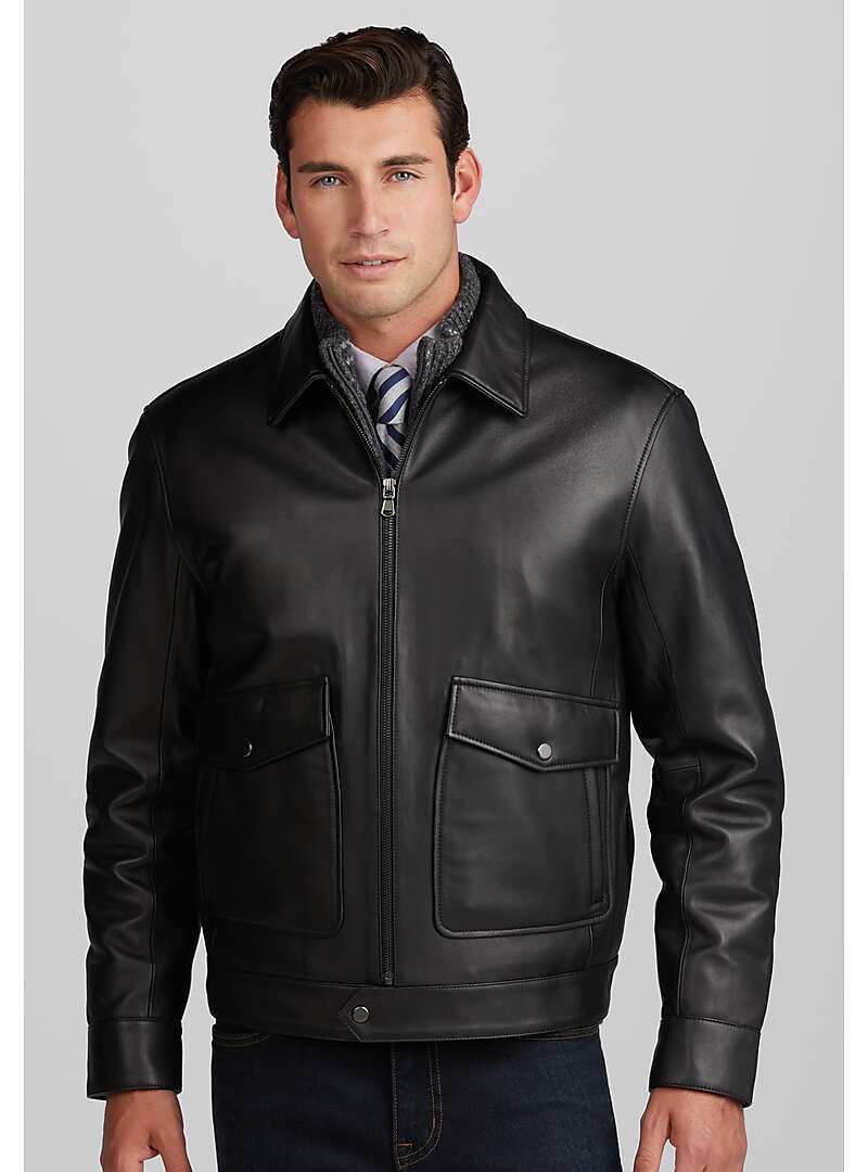 Reserve Collection Traditional Fit Lambskin Shirt Collar Jacket (Black)