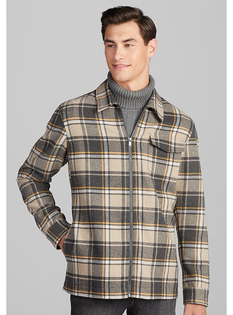 Jos. A. Bank Men's 1905 Collection Tailored Fit Zip Front Plaid Shirt Jacket (Grey/Yellow)