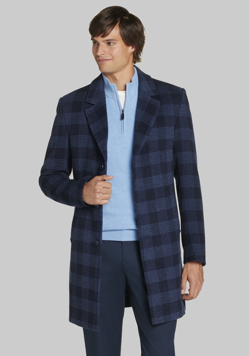 Men's Jos. A. Bank Tailored Fit Plaid Overcoat at Jos. A. Bank, Blue/Navy, Size X Large Regular - Outerwear