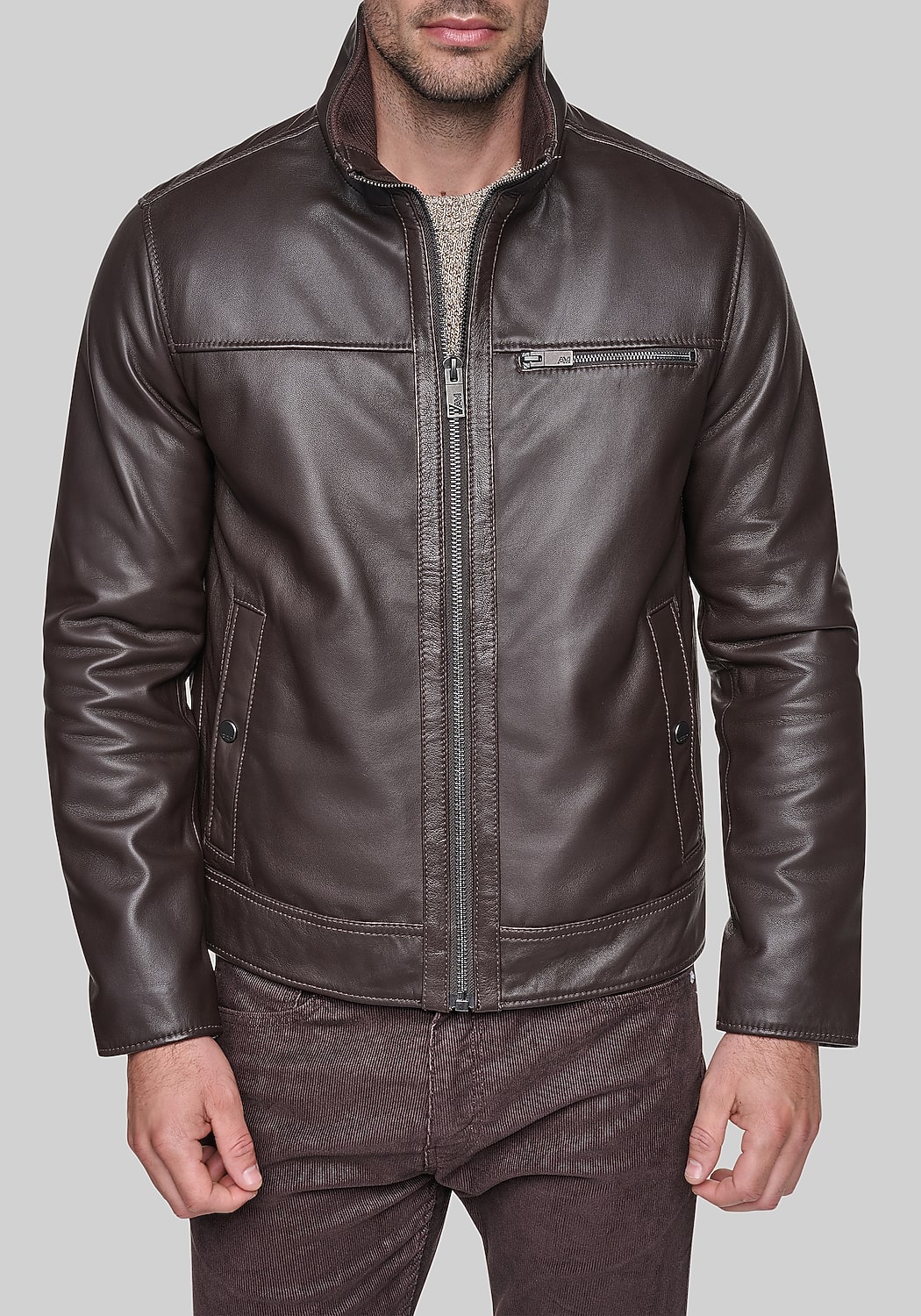 Andrew Marc Tailored Fit Lambskin Stand Collar Jacket With Liner