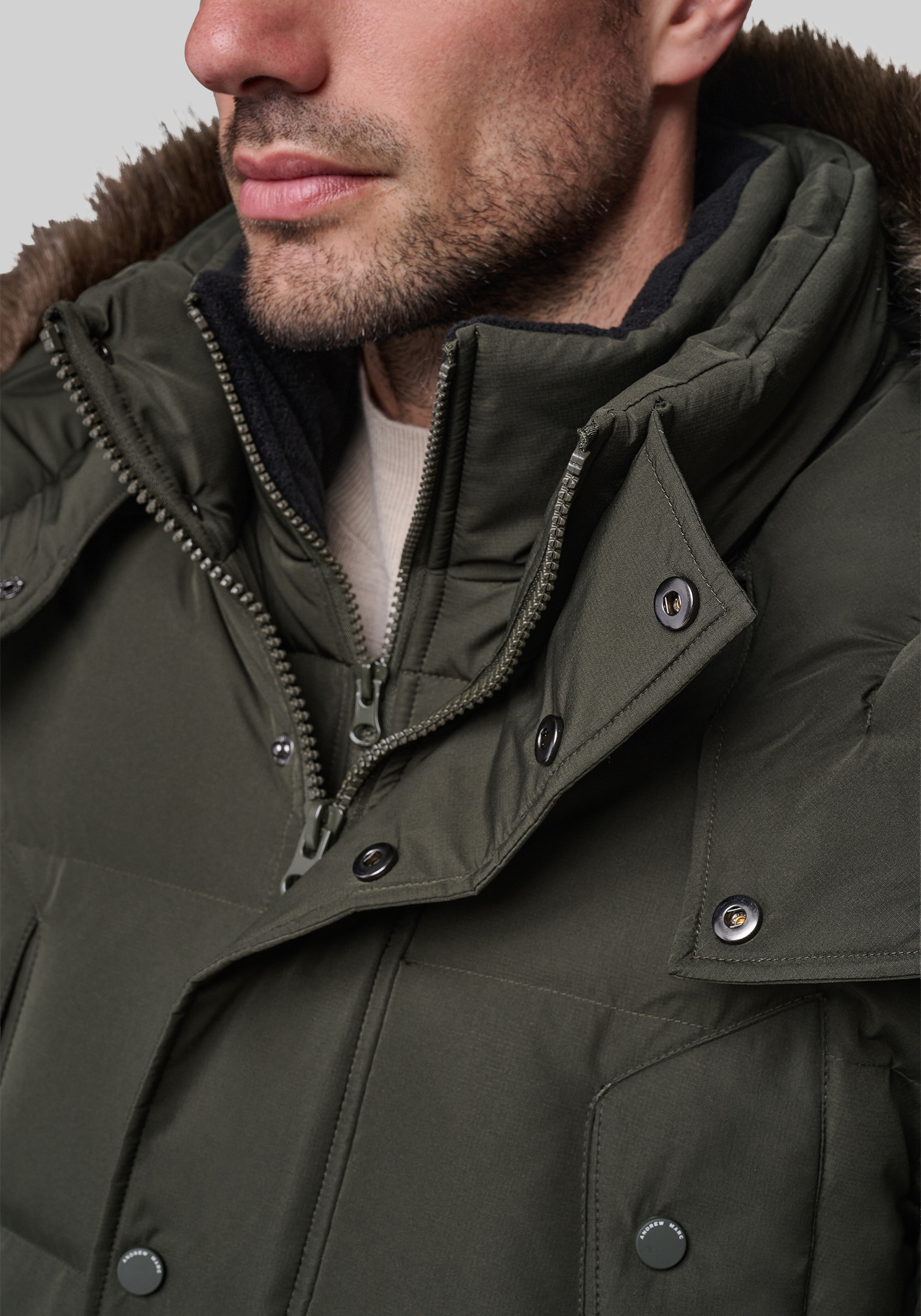 Andrew Marc Tailored Fit Hooded Down Parka With Bib