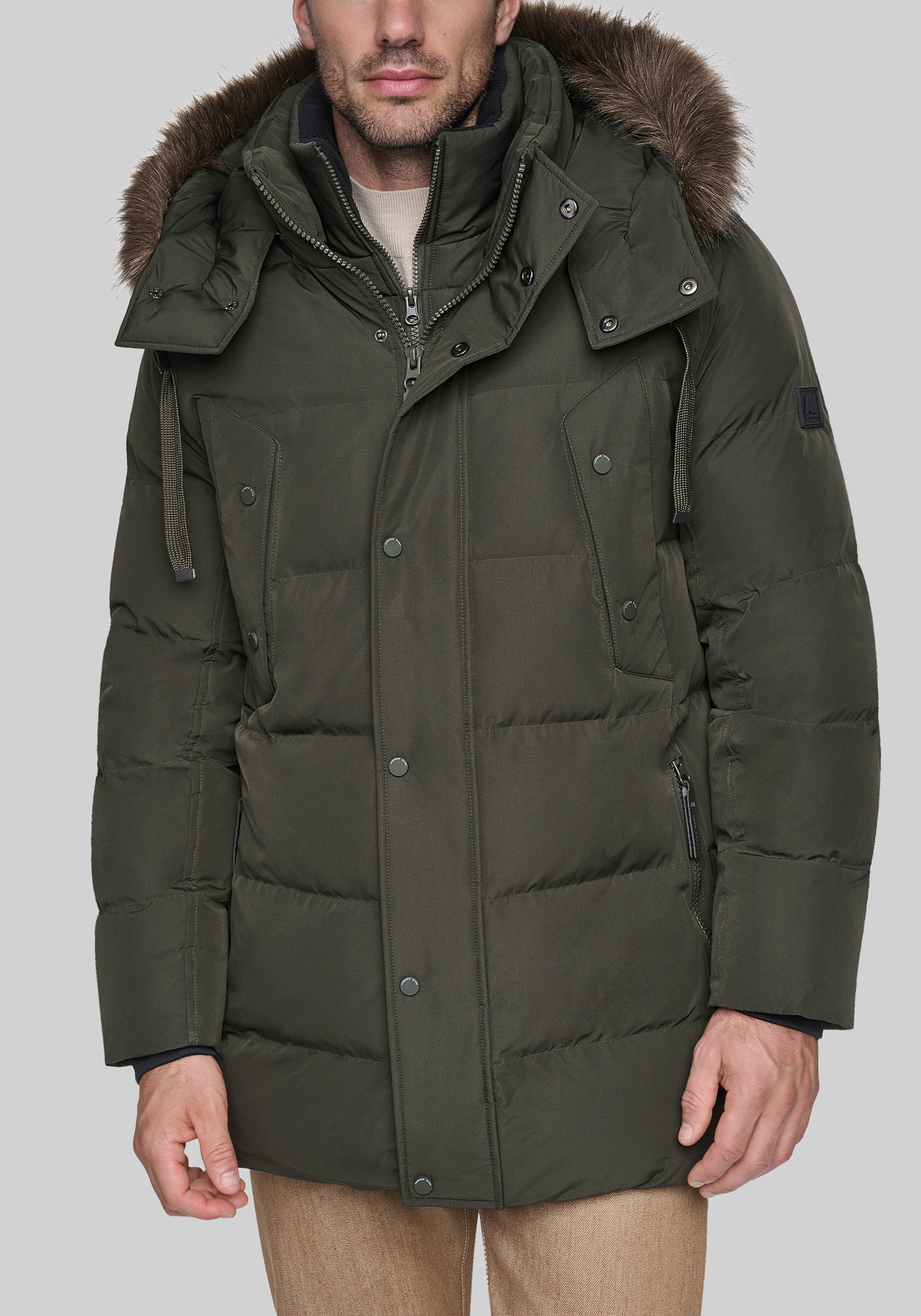 Andrew Marc Tailored Fit Hooded Down Parka With Bib
