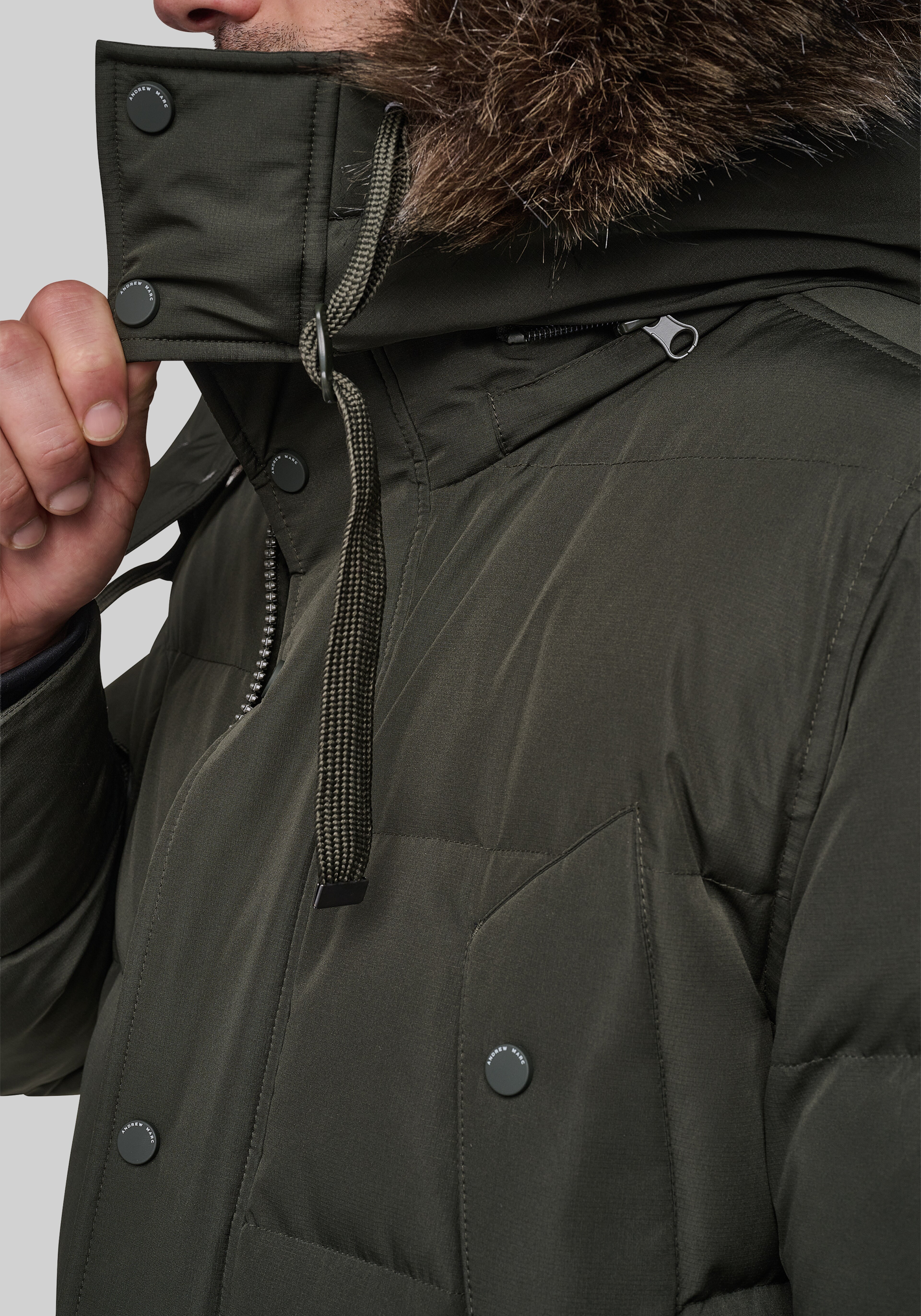 Andrew Marc Tailored Fit Hooded Down Parka With Bib