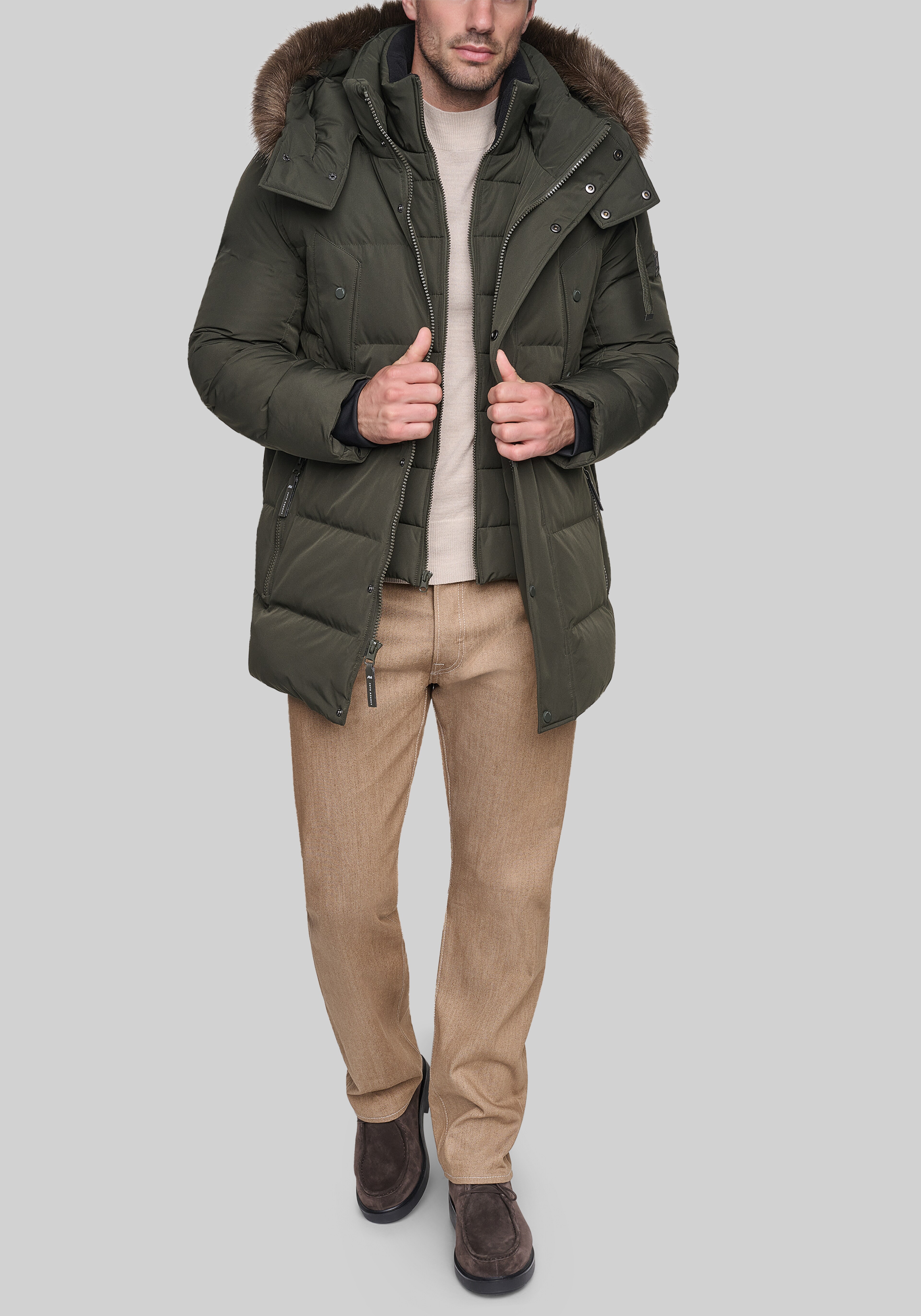 Andrew Marc Tailored Fit Hooded Down Parka With Bib