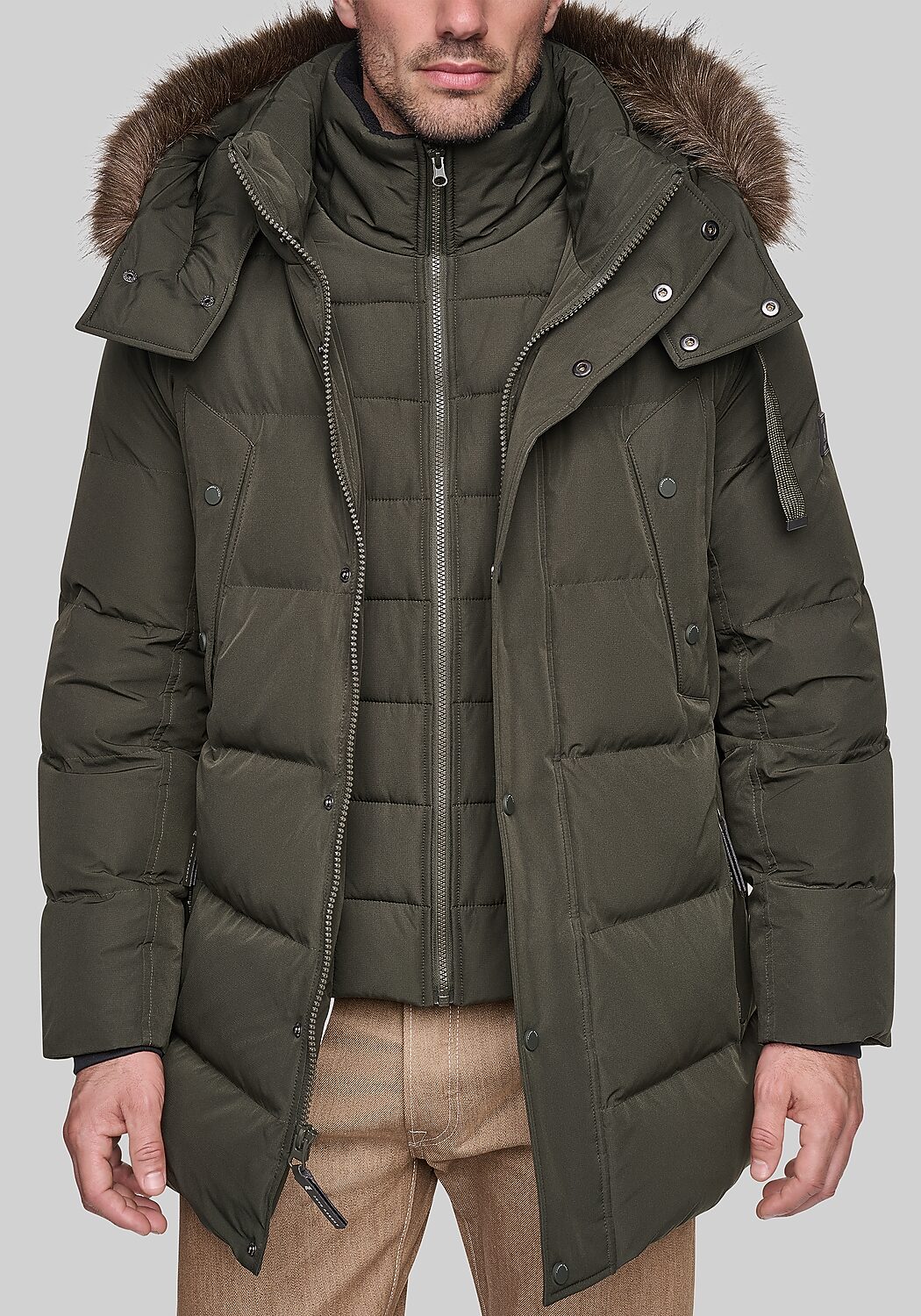 Andrew Marc Tailored Fit Hooded Down Parka With Bib