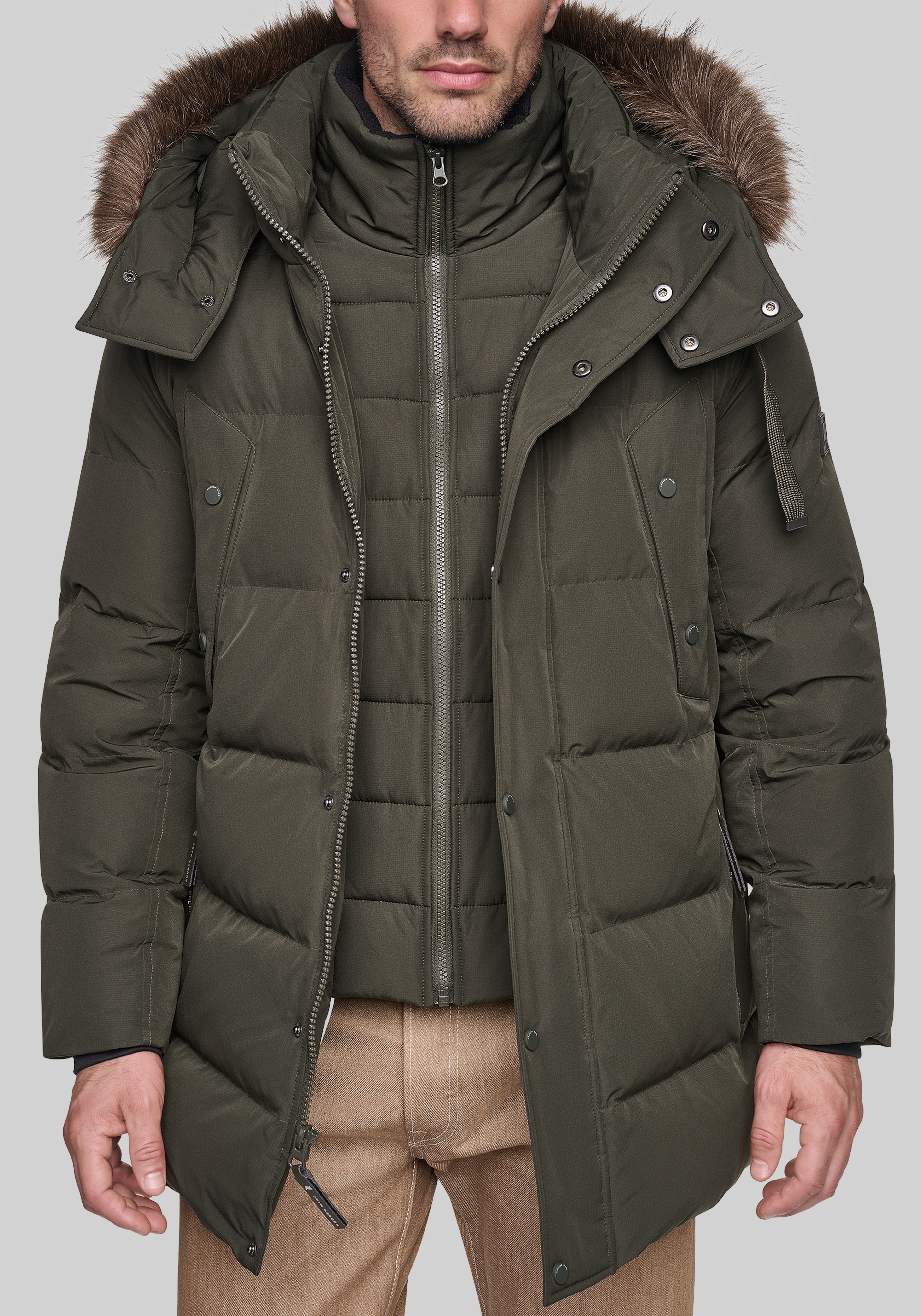 Andrew Marc Tailored Fit Hooded Down Parka With Bib