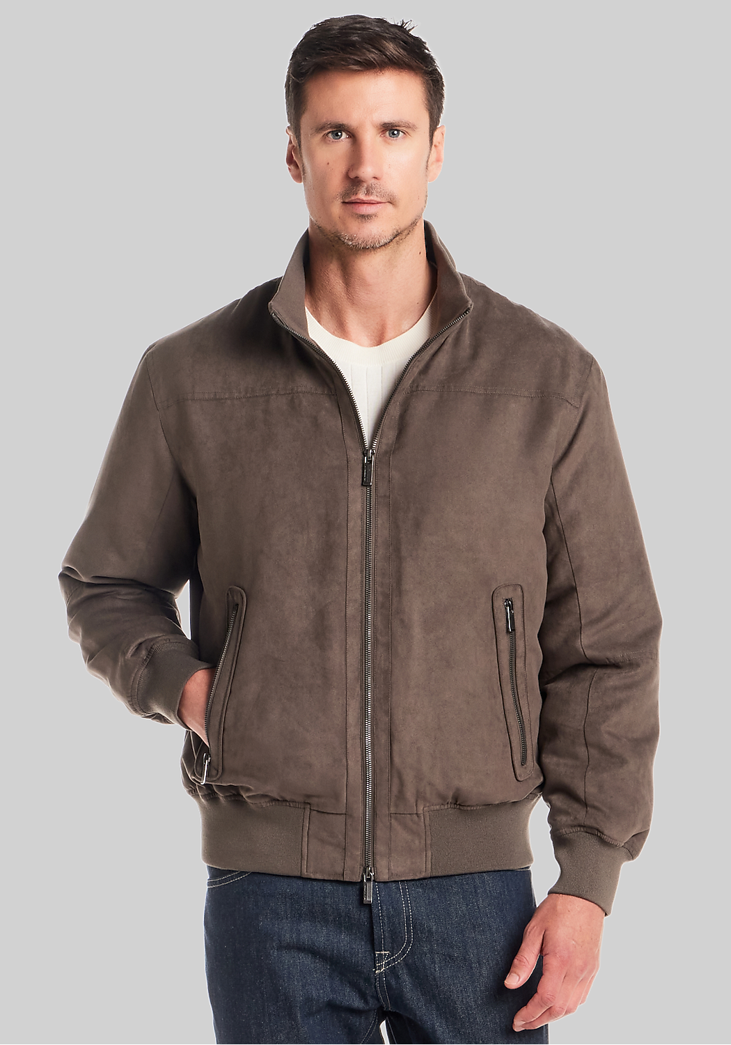 Weatherproof Classic Tailored Fit Knit Collar Microsuede Bomber Jacket