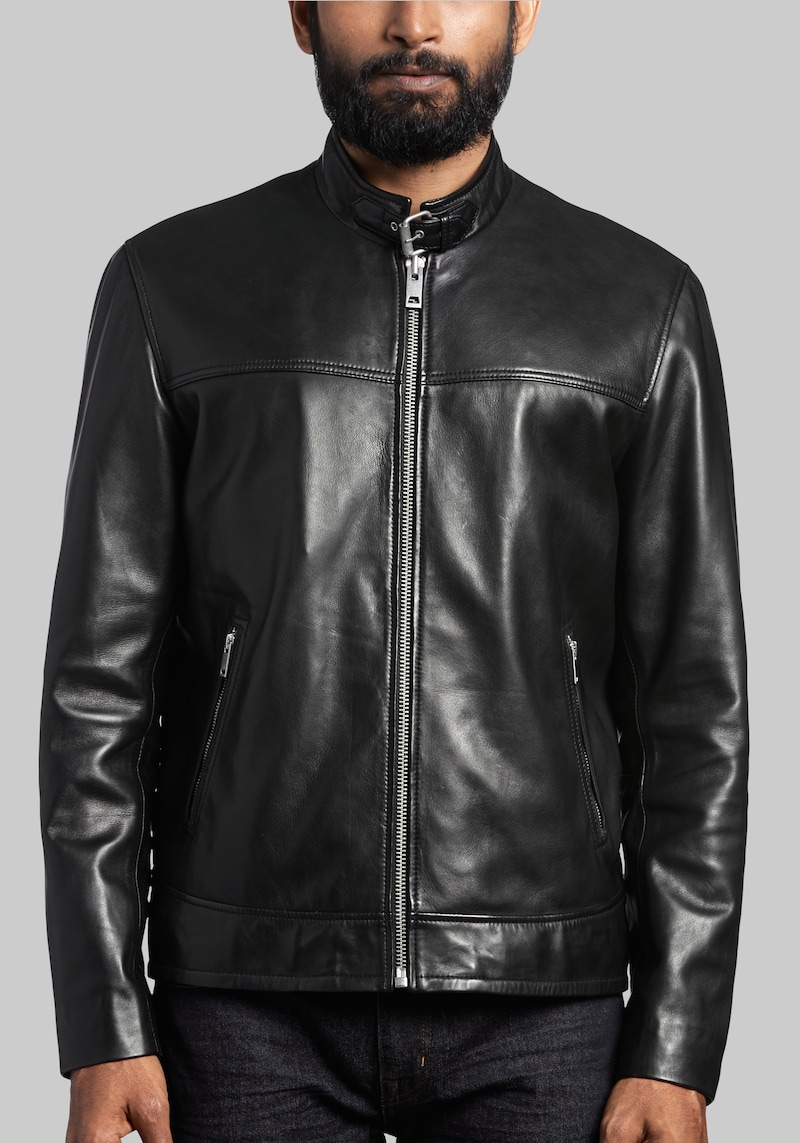 JoS. A. Bank Men's Sly & Co Traditional Fit Lambskin Leather Moto Jacket, Black, Small