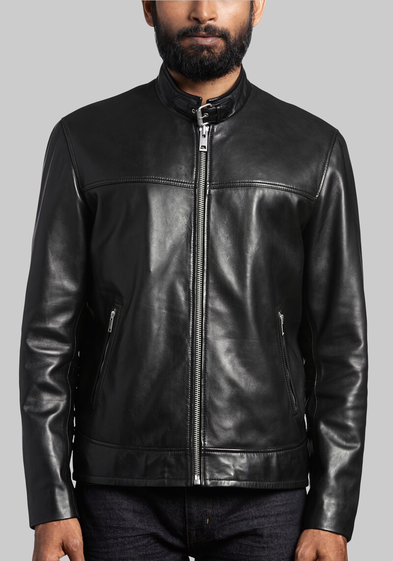 JoS. A. Bank Men's Sly & Co Traditional Fit Lambskin Leather Moto Jacket, Black, Small